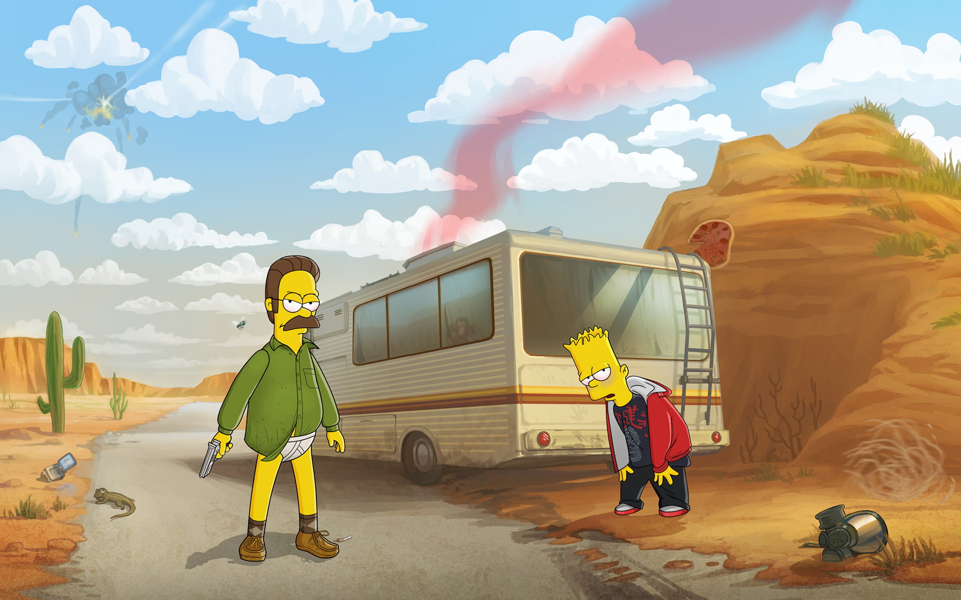 Ned Flanders, architecture, real people, illustration, street, Breaking Bad, males, full length, 1080P, lifestyles, digital, boys, sky, outdoors, desert, HD Wallpaper