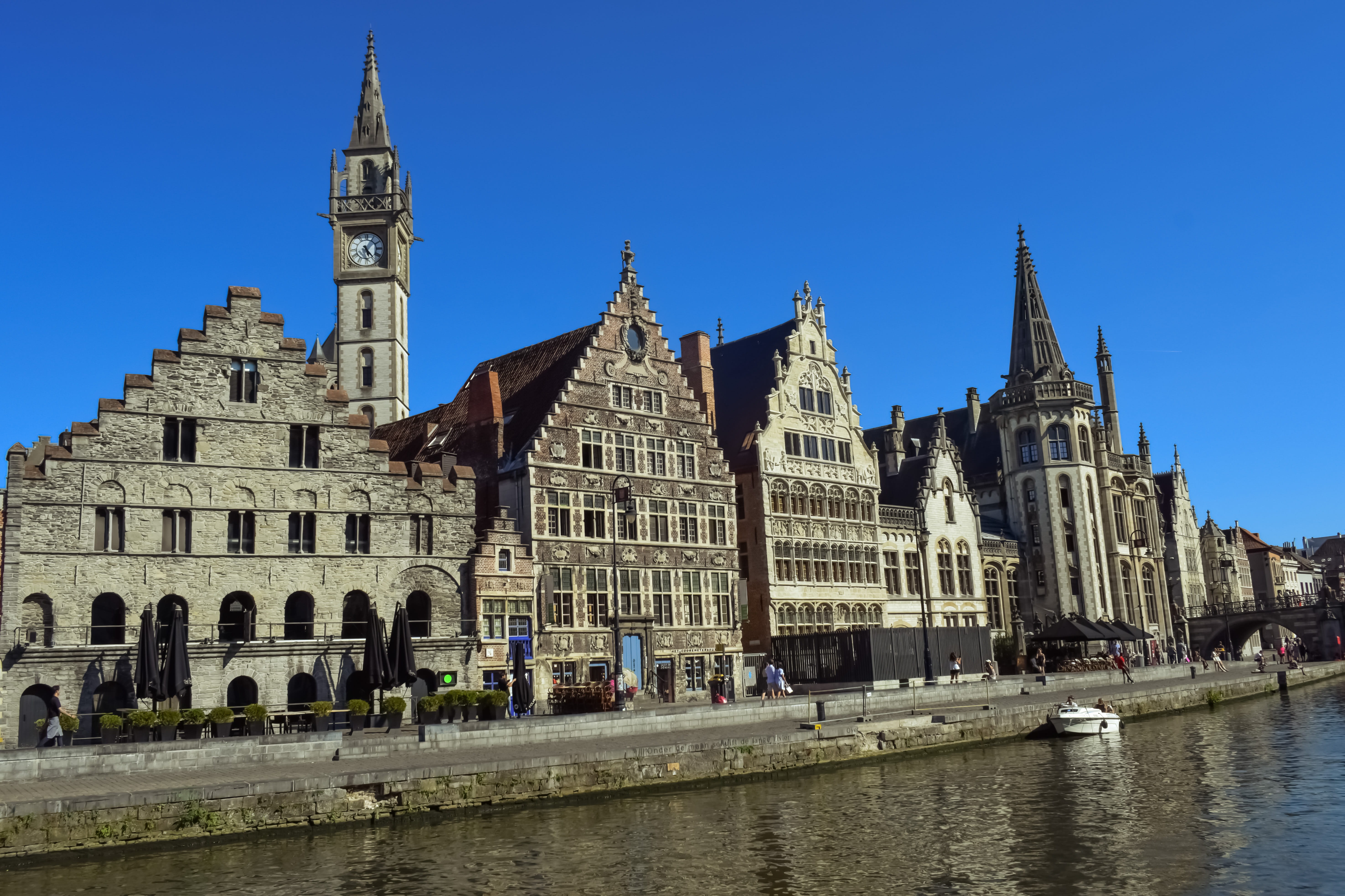 canal, spirituality, travel destinations, flanders, place of worship, city, clear sky, the past, river, architecture, travel, waterfront, ghent, tourism, HD Wallpaper