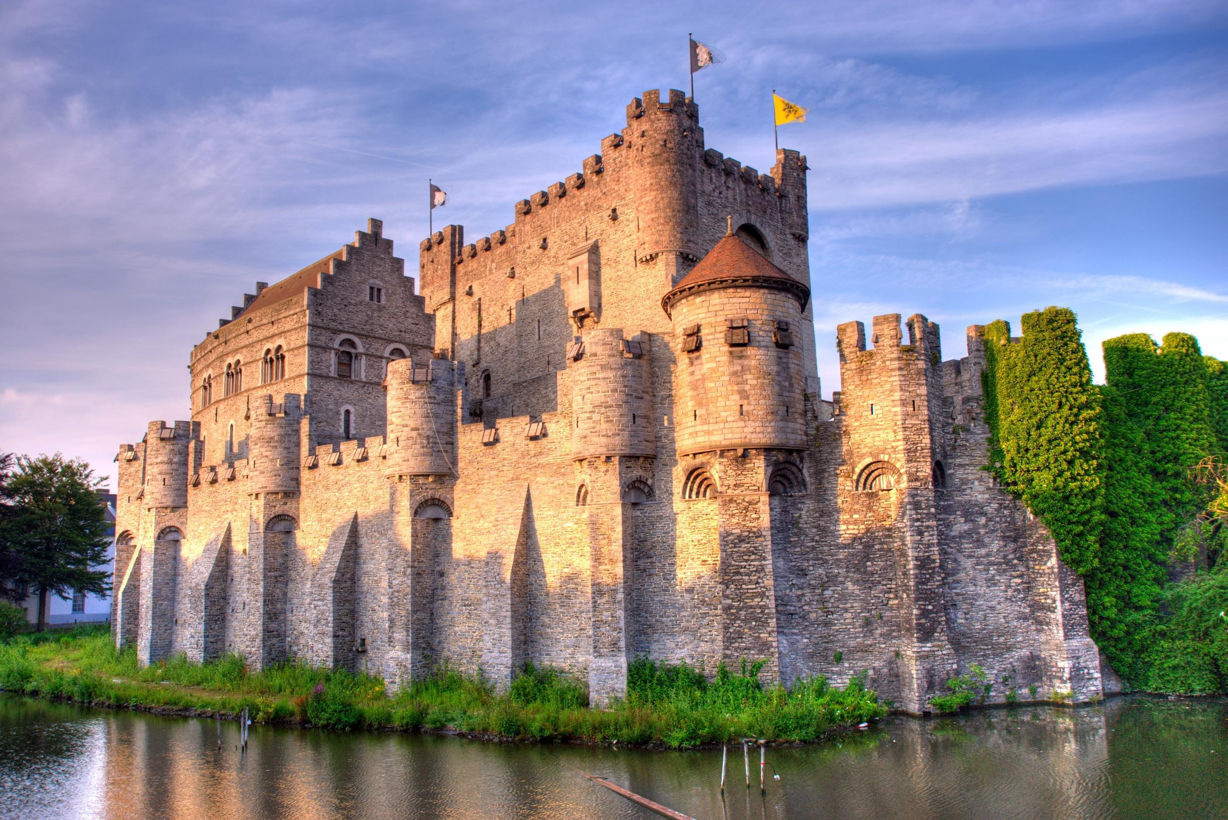 ghent, classic, animals, pond, mote, castle, architecture, gravensteen, 1080P, belgium, HD Wallpaper