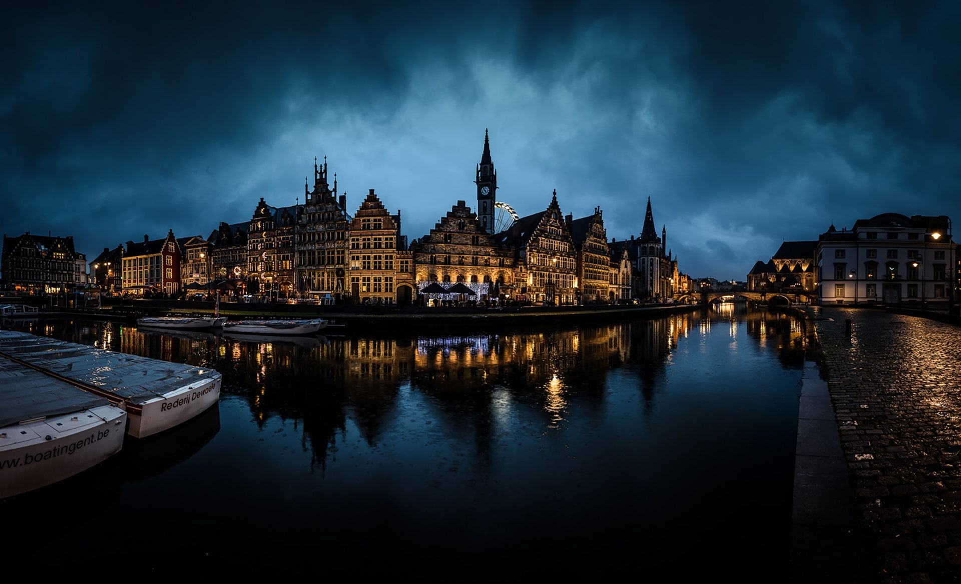 Belgium, Flemish Region, canals, 1080P, night, cloudy, Ghent, HD Wallpaper