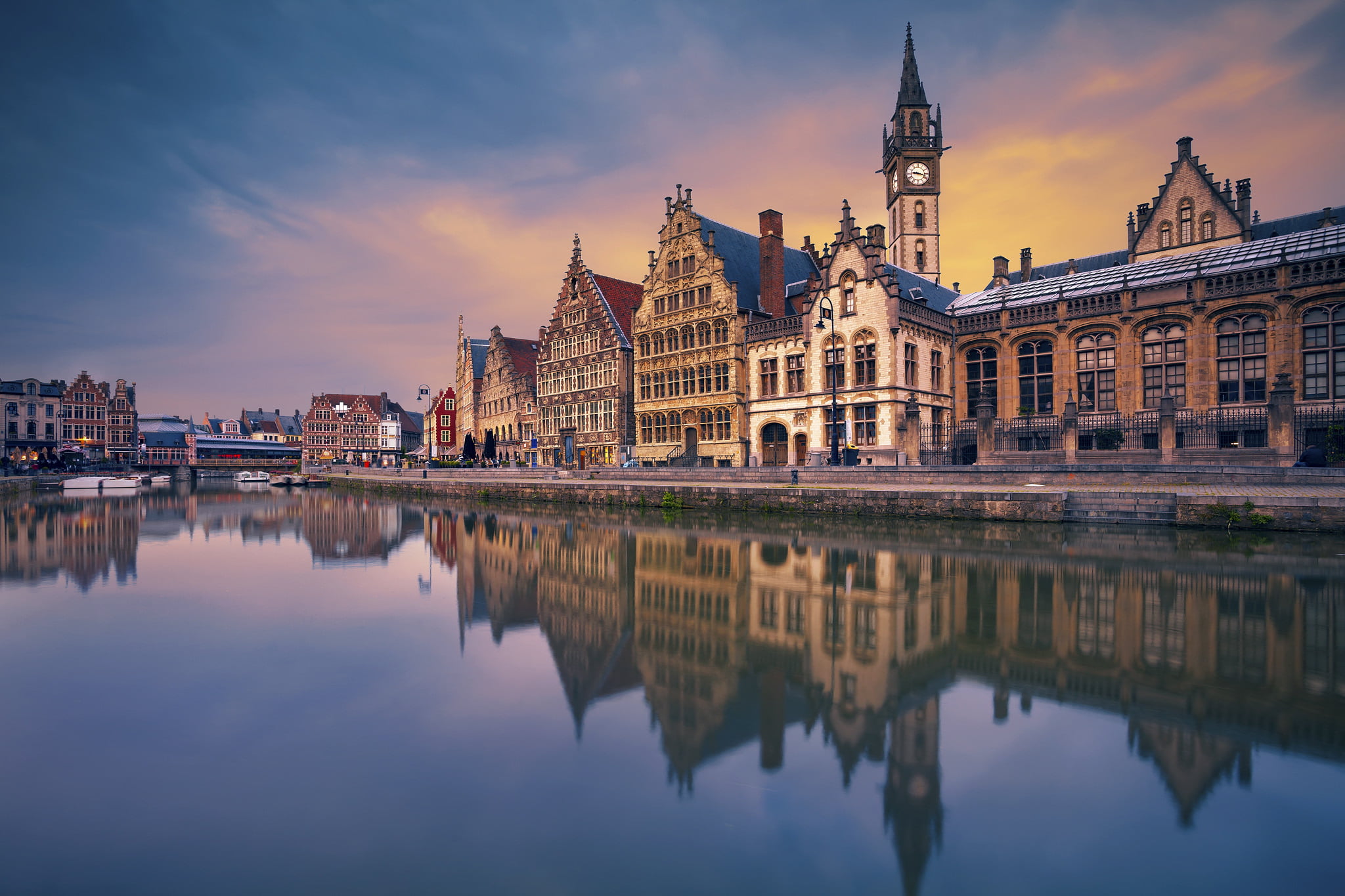 Ghent, 1080P, city, tourism, dusk, built structure, no people, Belgium, cloud - sky, water, travel, government, building, waterfront, sky, channel, bridge, HD Wallpaper