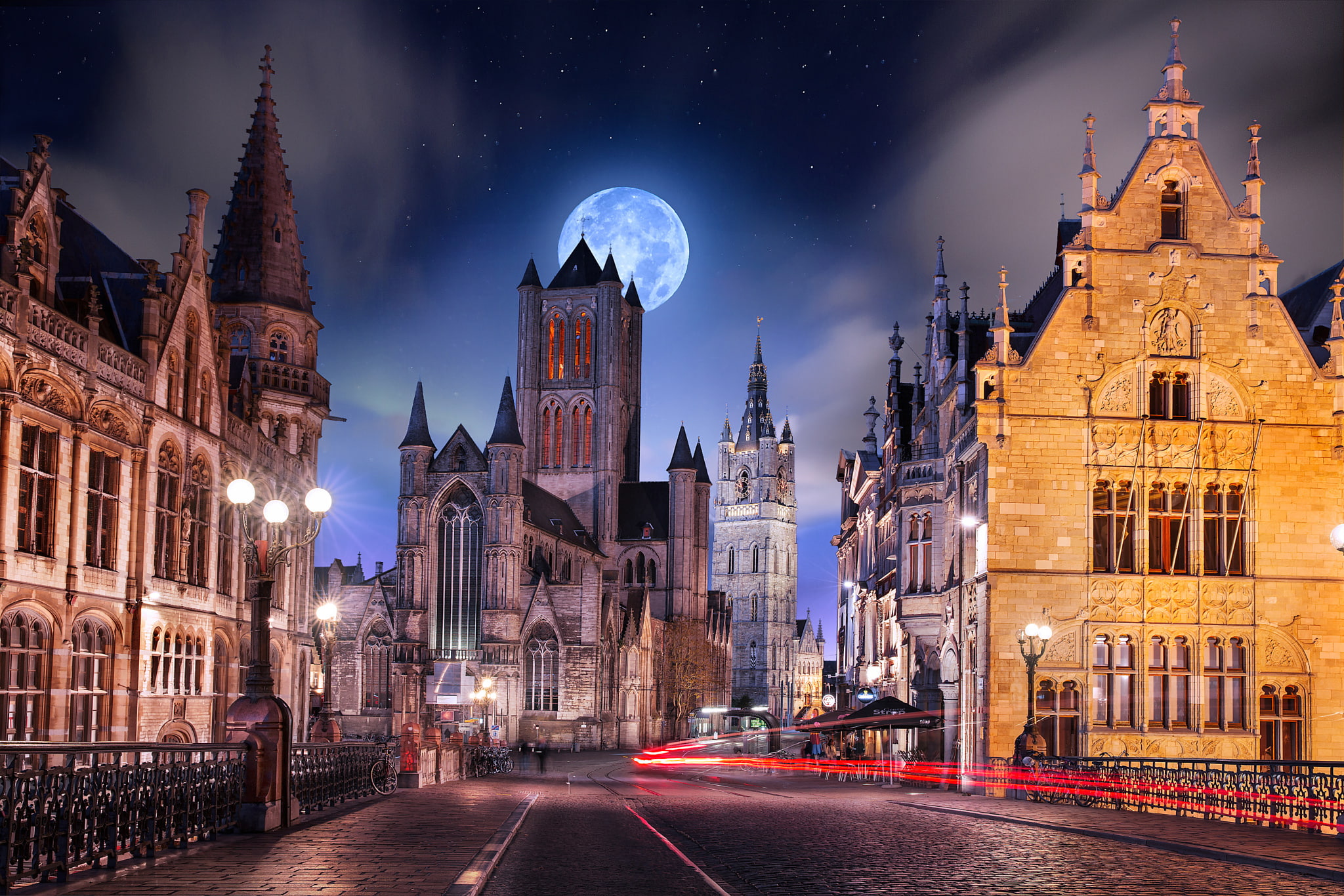 Belgium, Church, Exposure, Ghent, Road, Towns, 1080P, Moon, HD Wallpaper