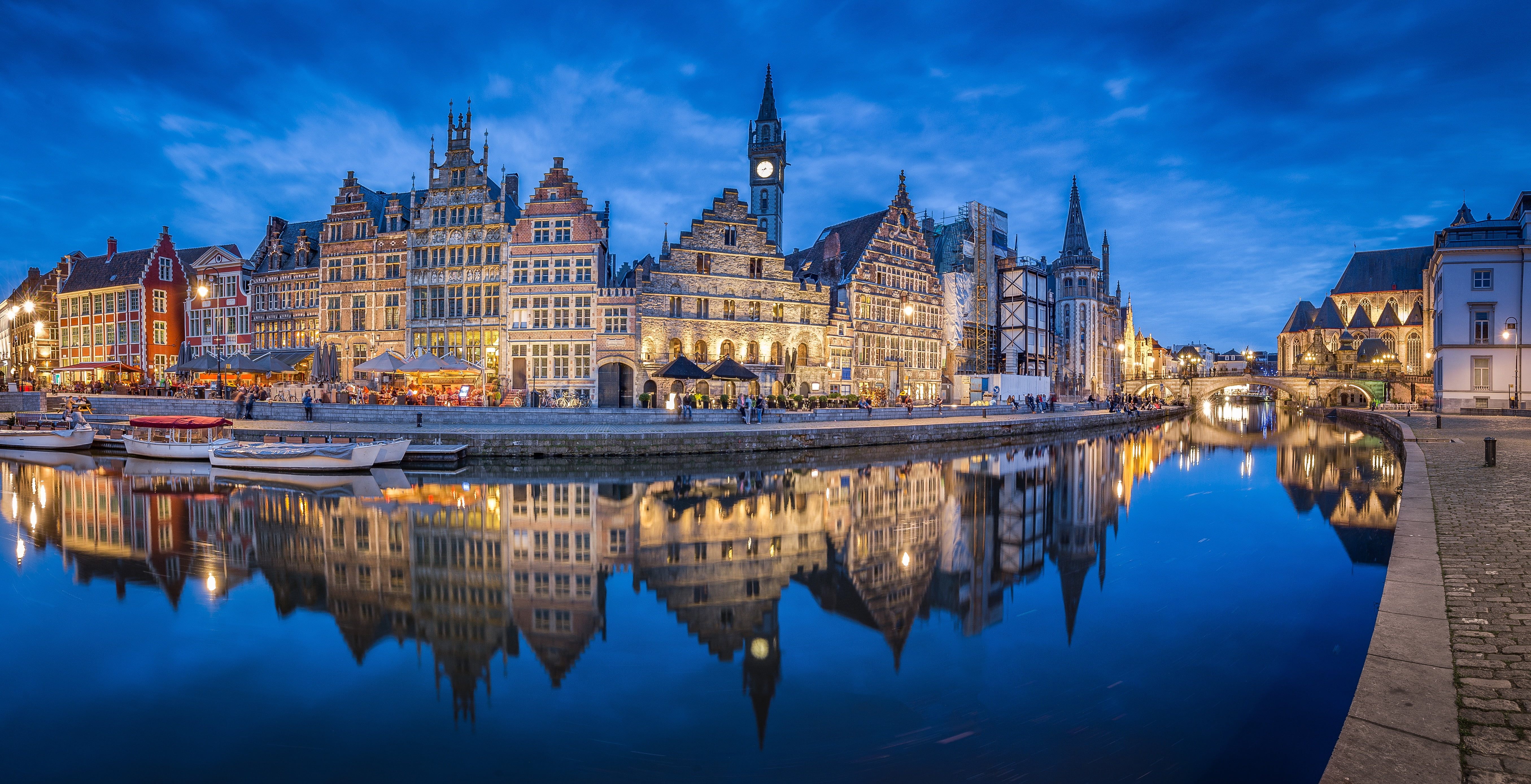Ghent, 5K, Belgium, river, Leie River, architecture, promenade, home, The River Leie, building, Graslei, reflection, HD Wallpaper