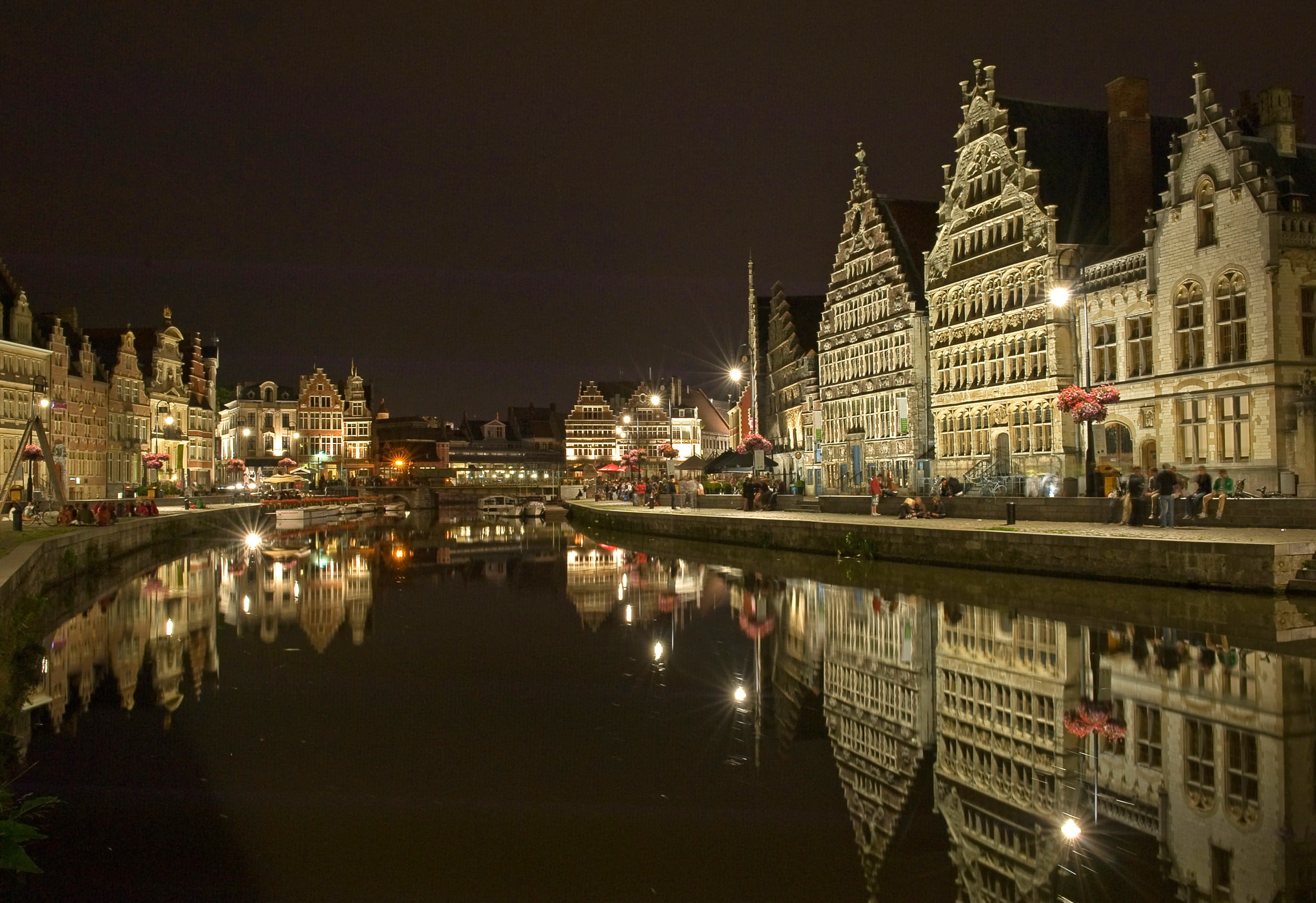 street, night, 1080P, belgium, houses, canal, ghent, cities, reflection, HD Wallpaper