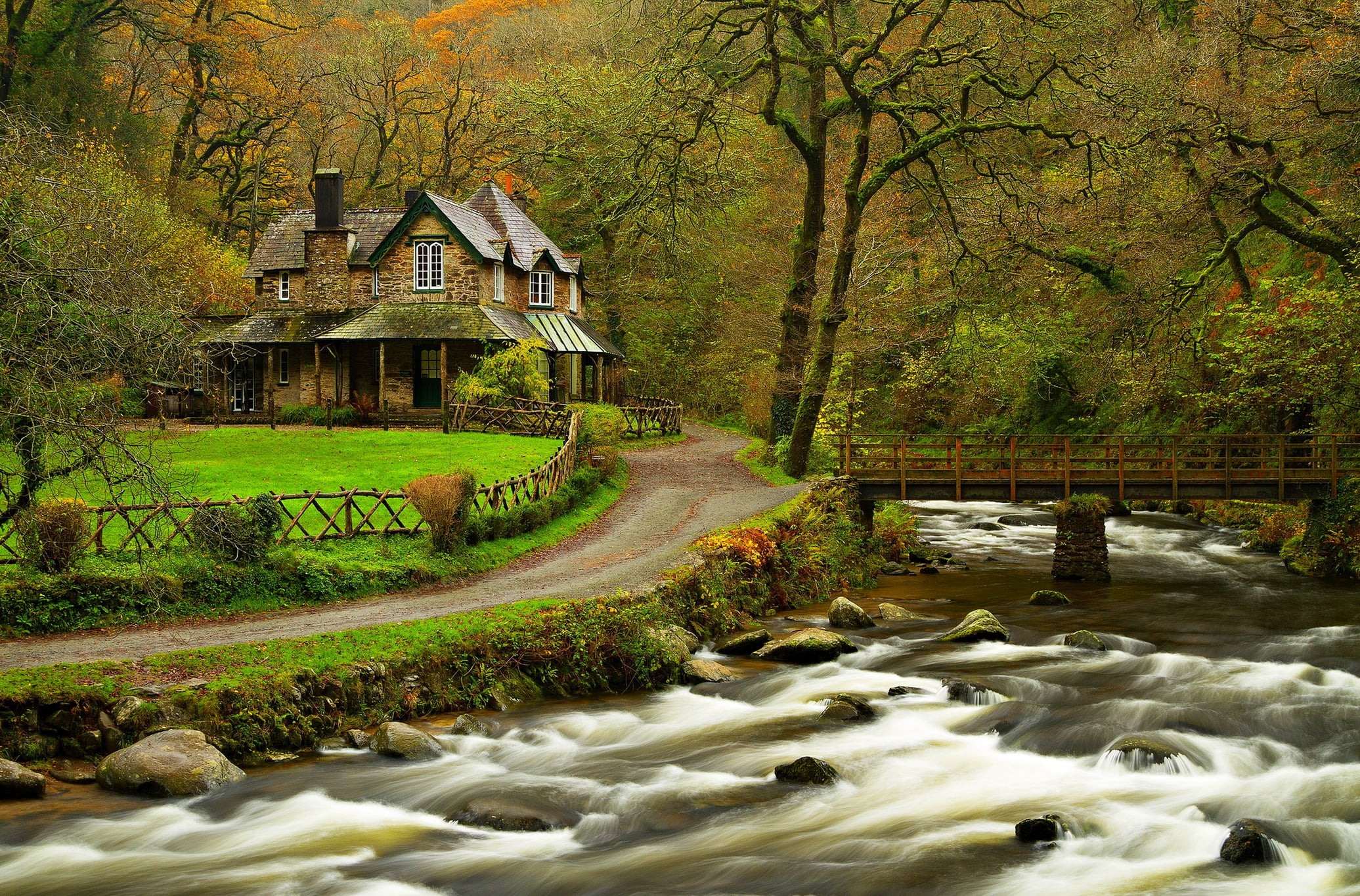 residential Building, green Color, growth, cultures, stream - flowing water, architecture, water, 1080P, brown, scenics - nature, house, footpath, waterfall, HD Wallpaper