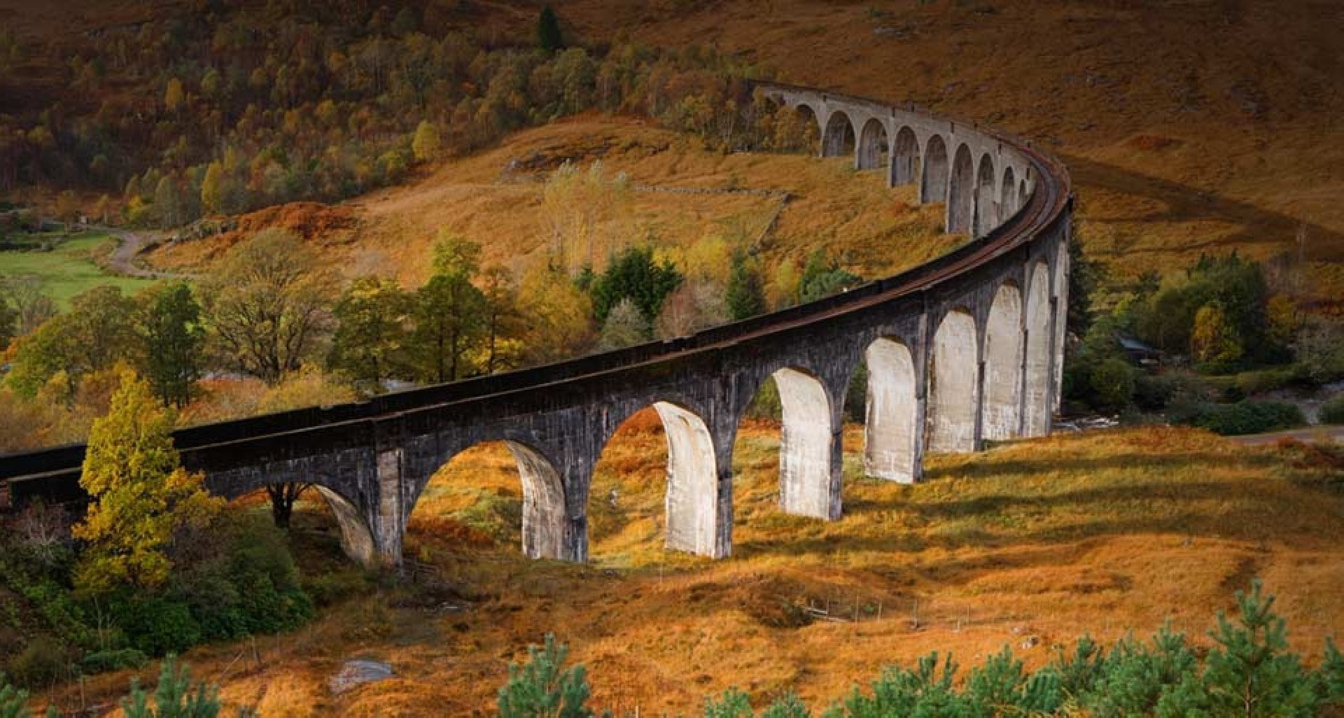 arched, arch bridge, built structure, day, autumn, no people, glenfinnan landscape, change, scenics - nature, connection, architecture, tree, bridge, travel, HD Wallpaper