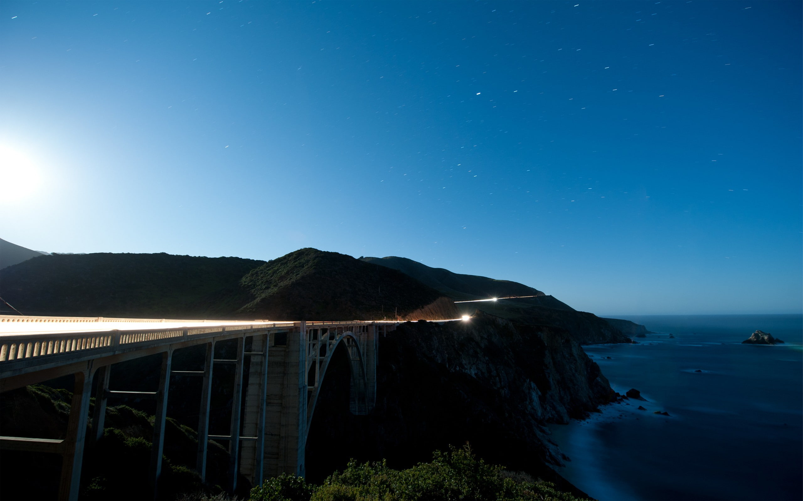 2K, night, viaduct, outdoors, nature, non-urban scene, landscape, no people, road, mountain, sky, bridge, scenics - nature, star - space, space, shore, HD Wallpaper