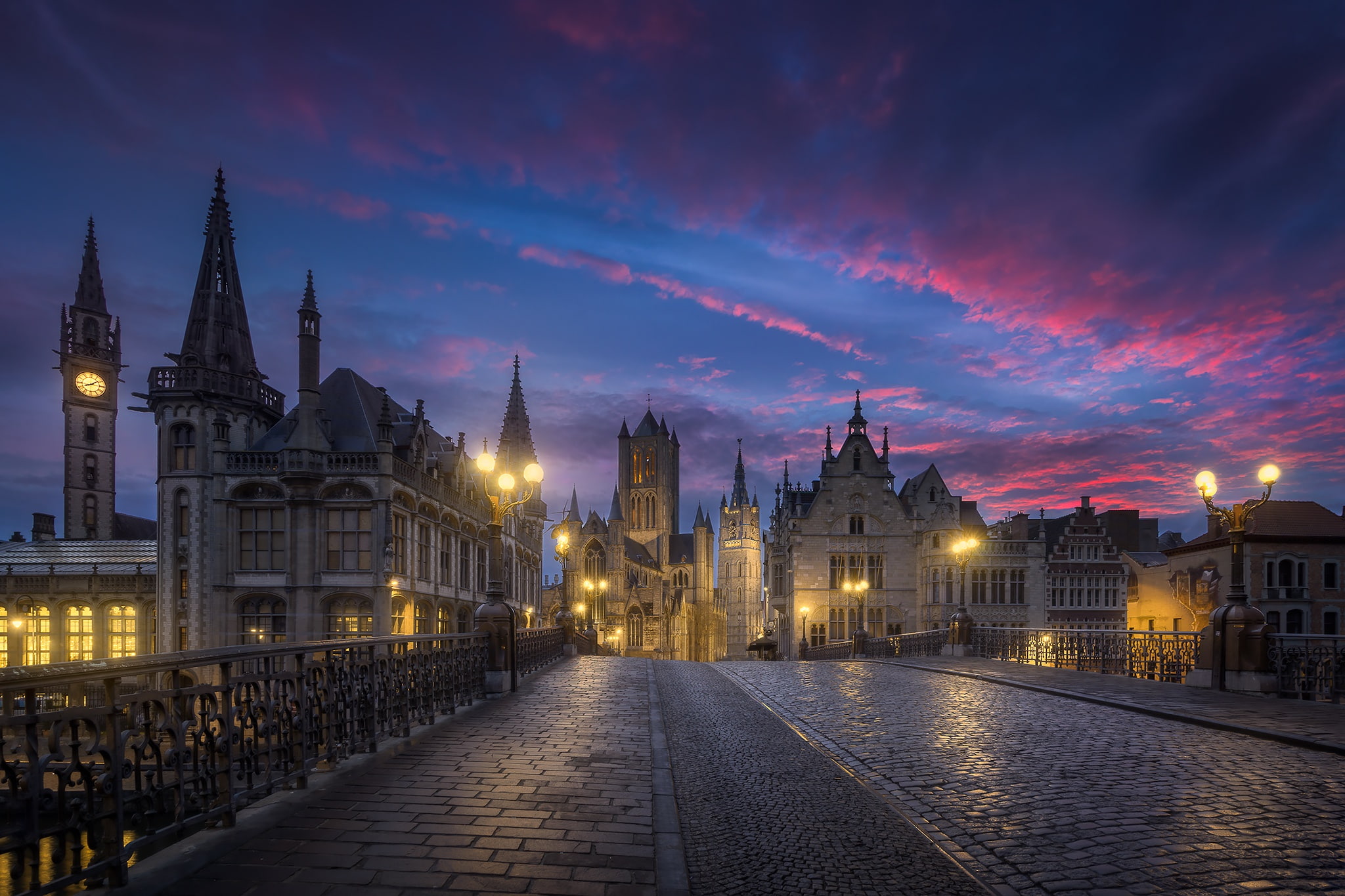 the sky, Ghent, Belgium, clouds, morning, bridge, the city, architecture, 1080P, HD Wallpaper