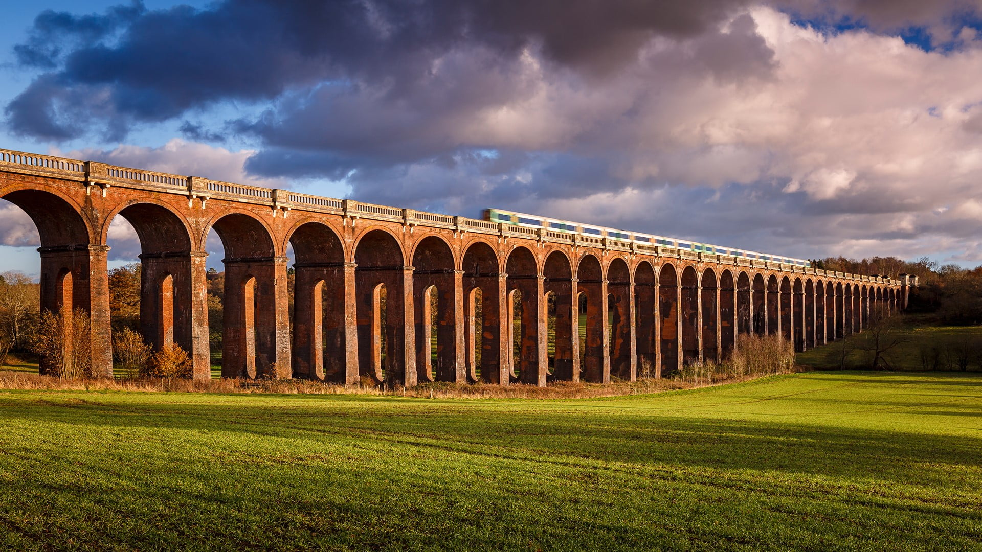 clouds, Ouse Valley Viaduct, grass, England, landscape, trees, UK, bridge, field, 1080P, Sussex, nature, HD Wallpaper