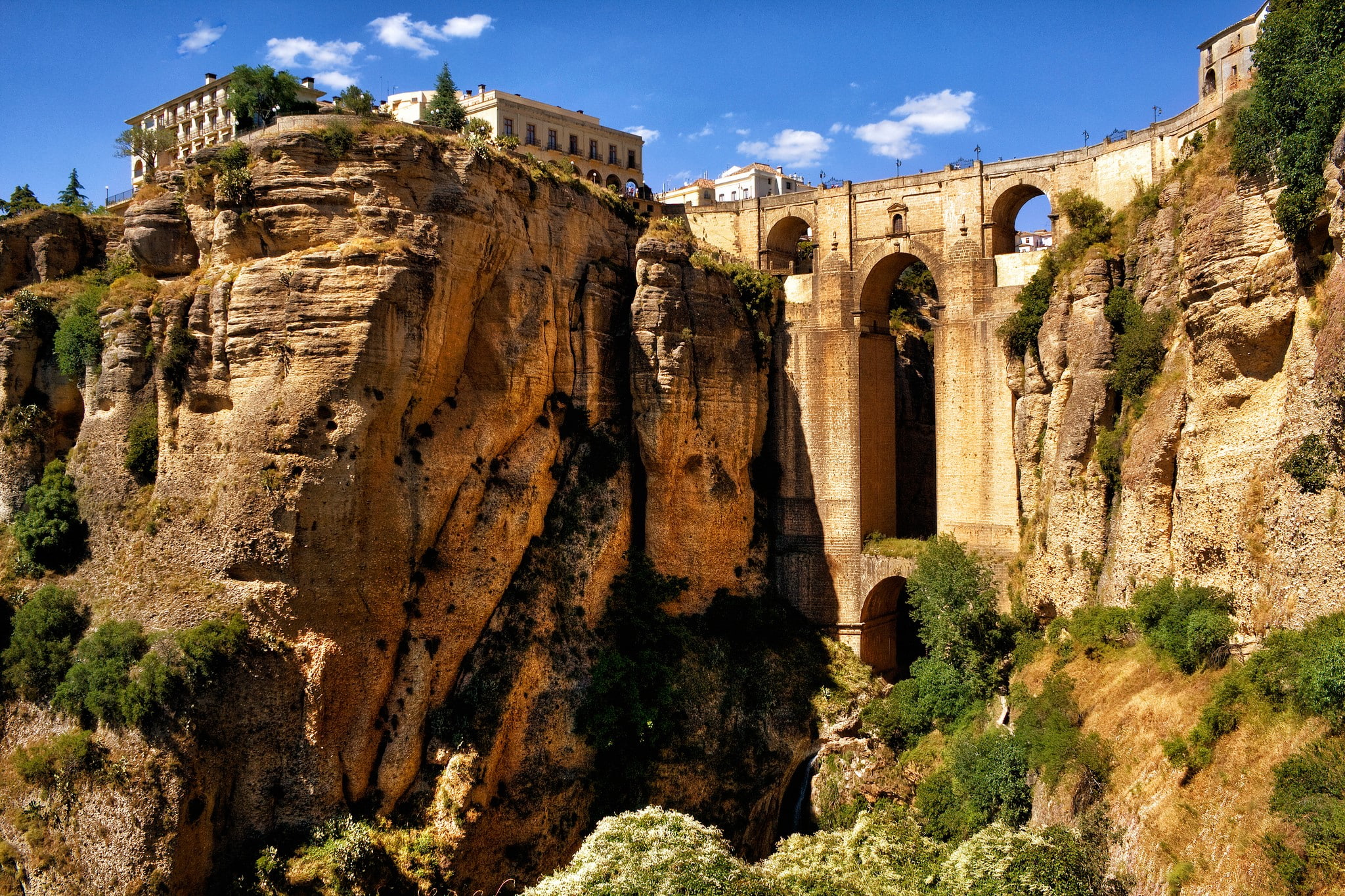 sky, Bridge, no people, rock - object, Andalucia, built structure, the past, ruined, 1080P, Aqueduct, Ronda, history, Spain, low angle view, formation, HD Wallpaper