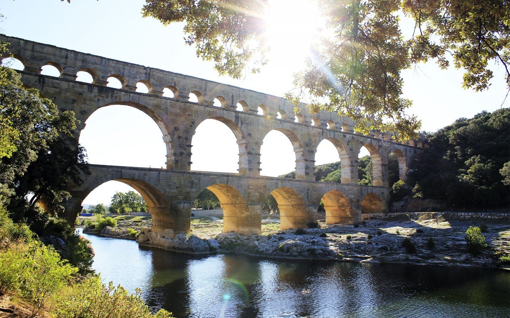 tree, low angle view, bridge - man made structure, day, the past, plant, outdoors, sky, water, nature, building old building bridge aqueducts pont du gard, HD Wallpaper