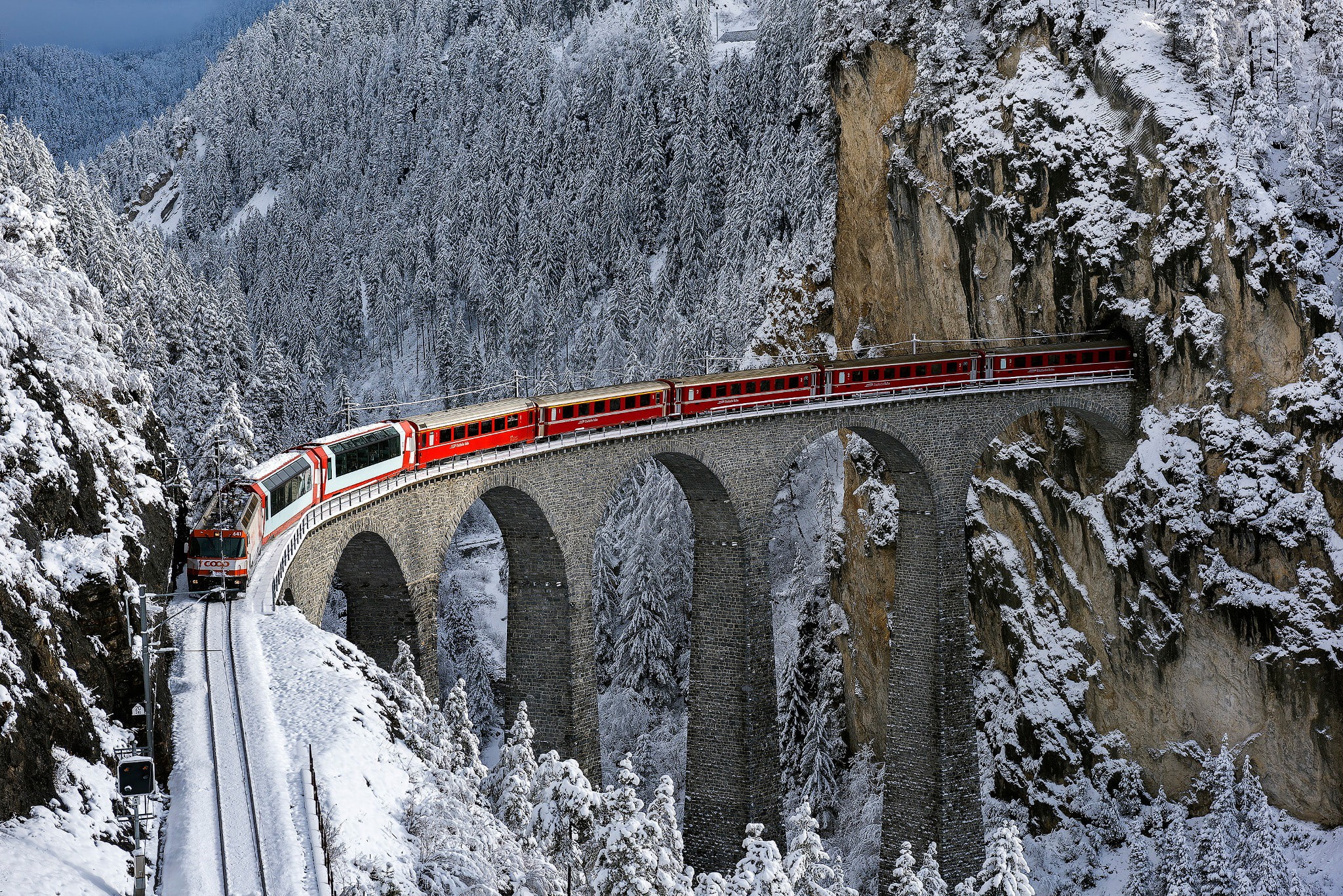 trees, mountains, railway, snow, winter, 1080P, Switzerland, train, forest, bridge, tunnel, HD Wallpaper