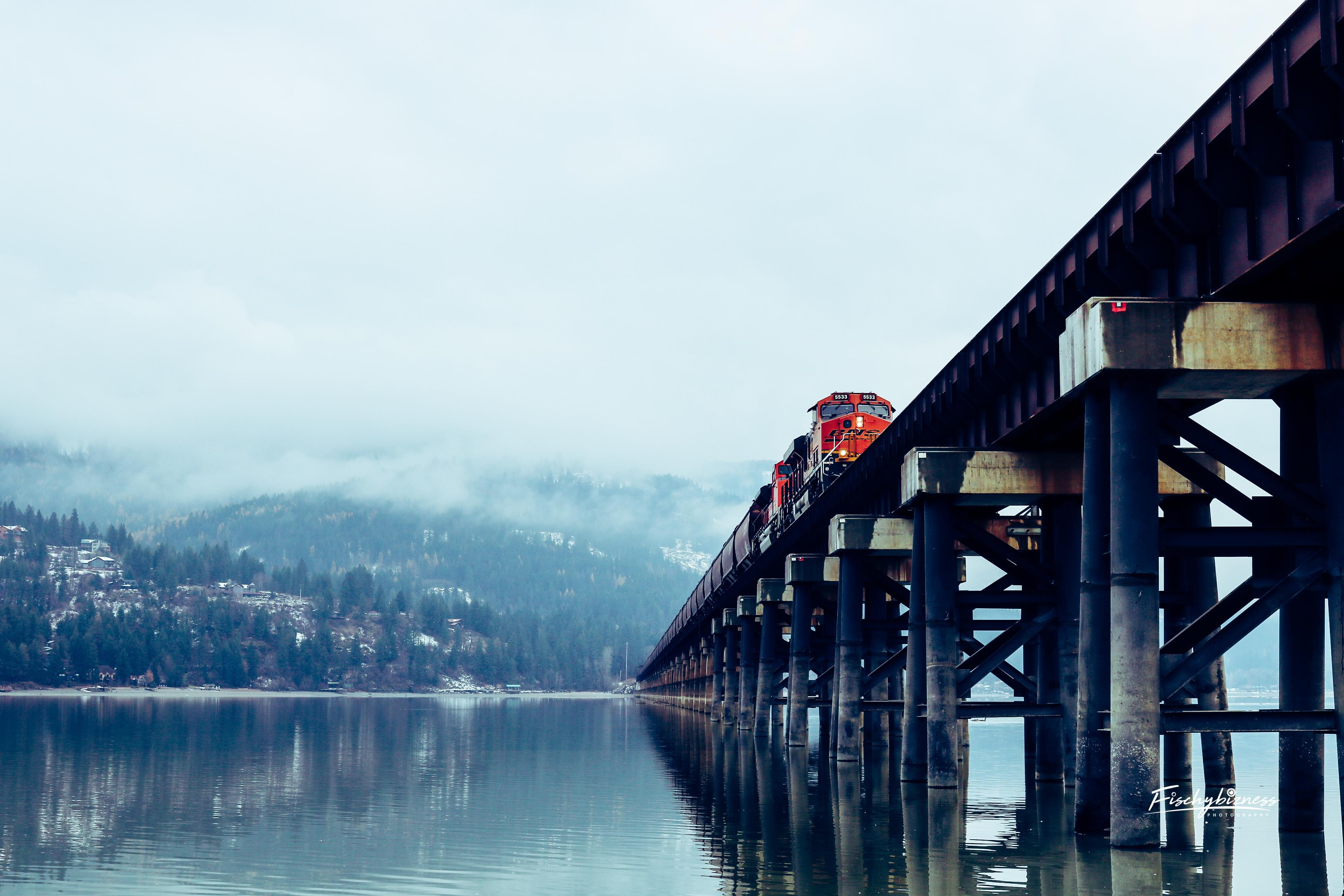 tranquil scene, clouds, plant, 4K, tranquility, outdoors, building exterior, black, connection, sky, bridge, Sandpoint, day, train, red, built structure, HD Wallpaper