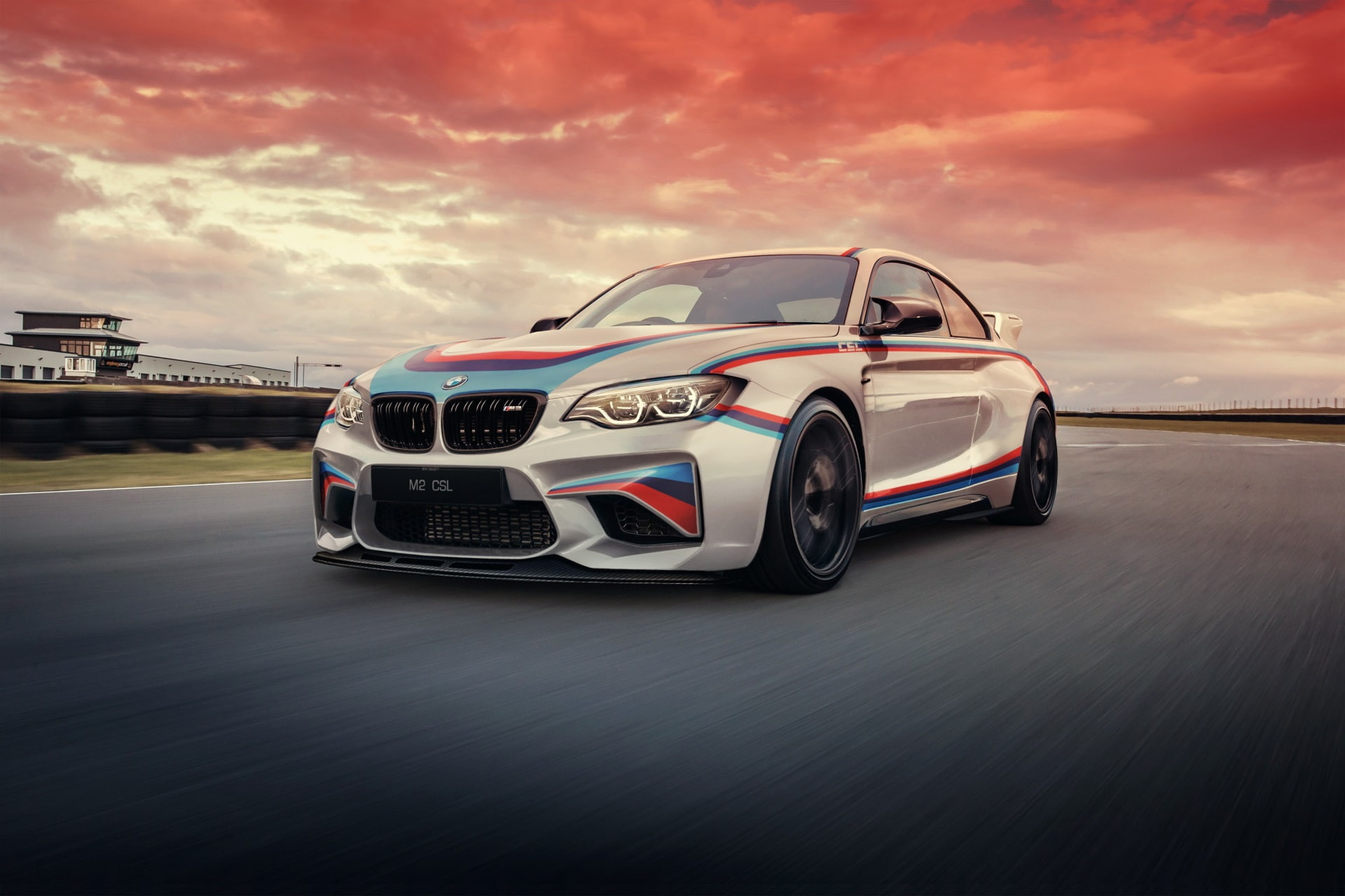 road, cloud - sky, car, red, motion, sunset, racecar, blurred motion, no people, 1080P, speed, nature, transportation, motor vehicle, sky, bmw m2 csl  for mac computers, HD Wallpaper