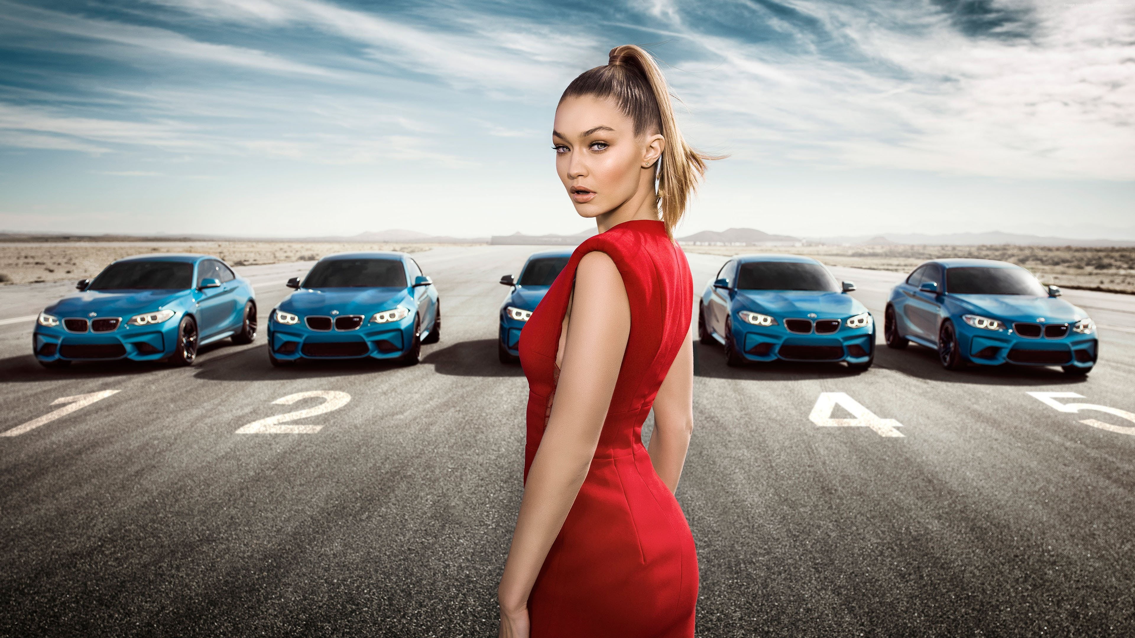 red dress, BMW M2 Coupe, Gigi Hadid, 4K, supermodel, HD Wallpaper