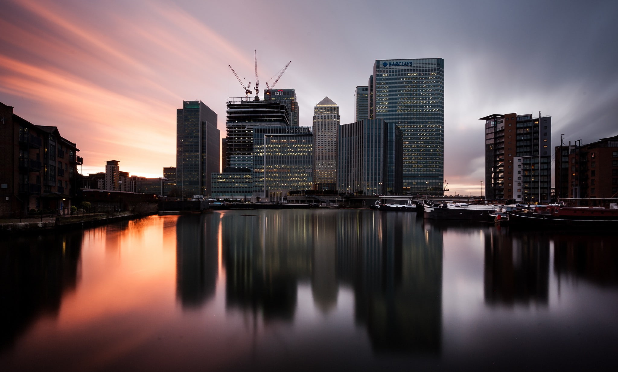 london, sunset, 1080P, canary wharf, england, uk, twilight, HD Wallpaper