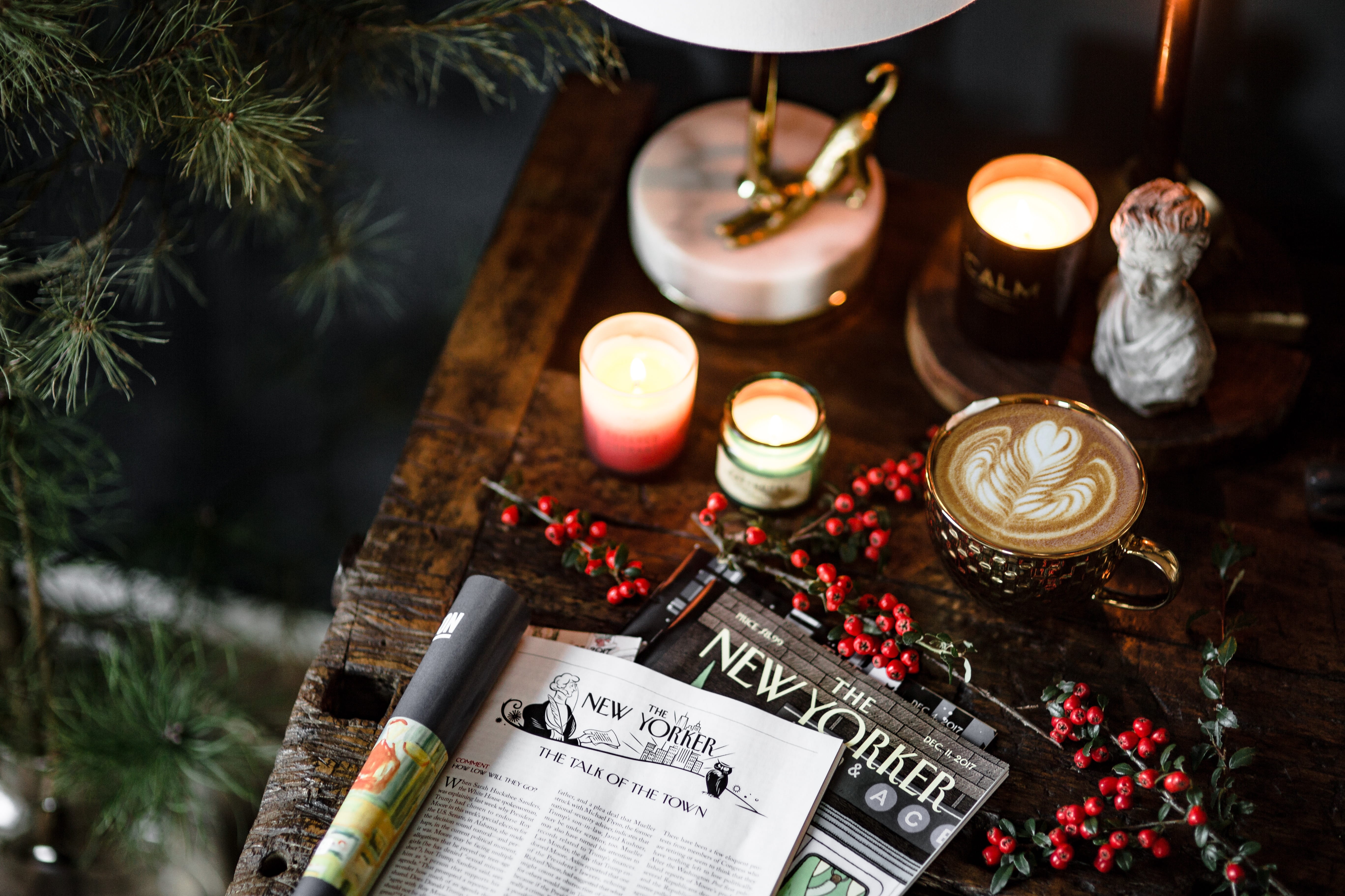 old wood, lifestyle, magazine, notebook, candle, tree, workspace, the new yorker, vintage, new york, burning, indoors, gold cup, tea light, fresh, art coffee, HD Wallpaper
