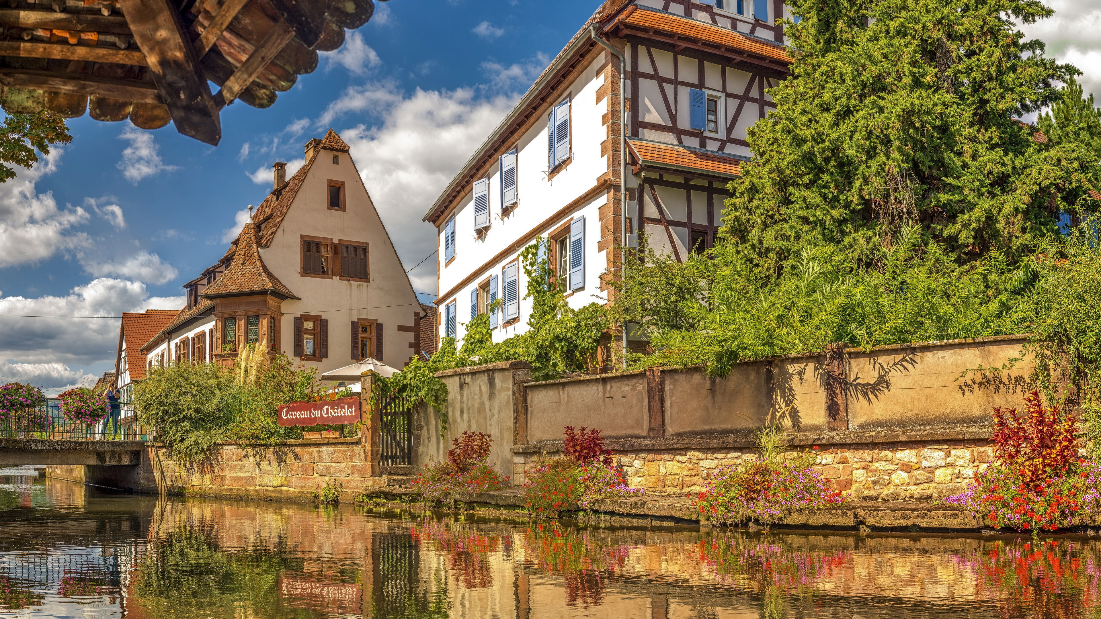 facade, water, 4K, france, canal, sky, house, half timbered, cottage, europe, half timbered house, village, building, la lauter, historic site, wissembourg, HD Wallpaper