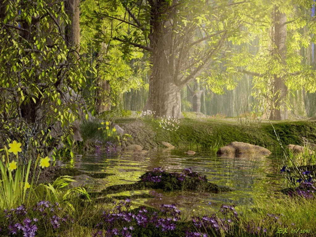 forest, grass, enchanted, hd, Green, nature, spring, 480P, art, forests, leaves, Flowers, HD Wallpaper