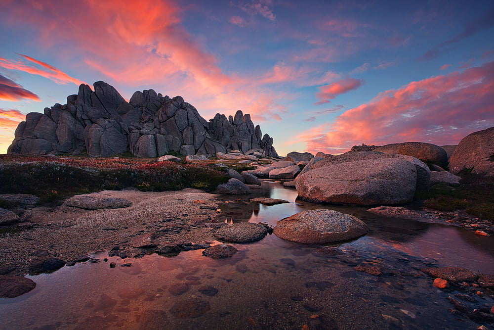 rock - Object, water, scenics, sky, Snowy Mountains, body of water, 480P, canon, Region, AUSTRALIA, sunset, nature, sunrise, landscape, photo, body, mountain, HD Wallpaper