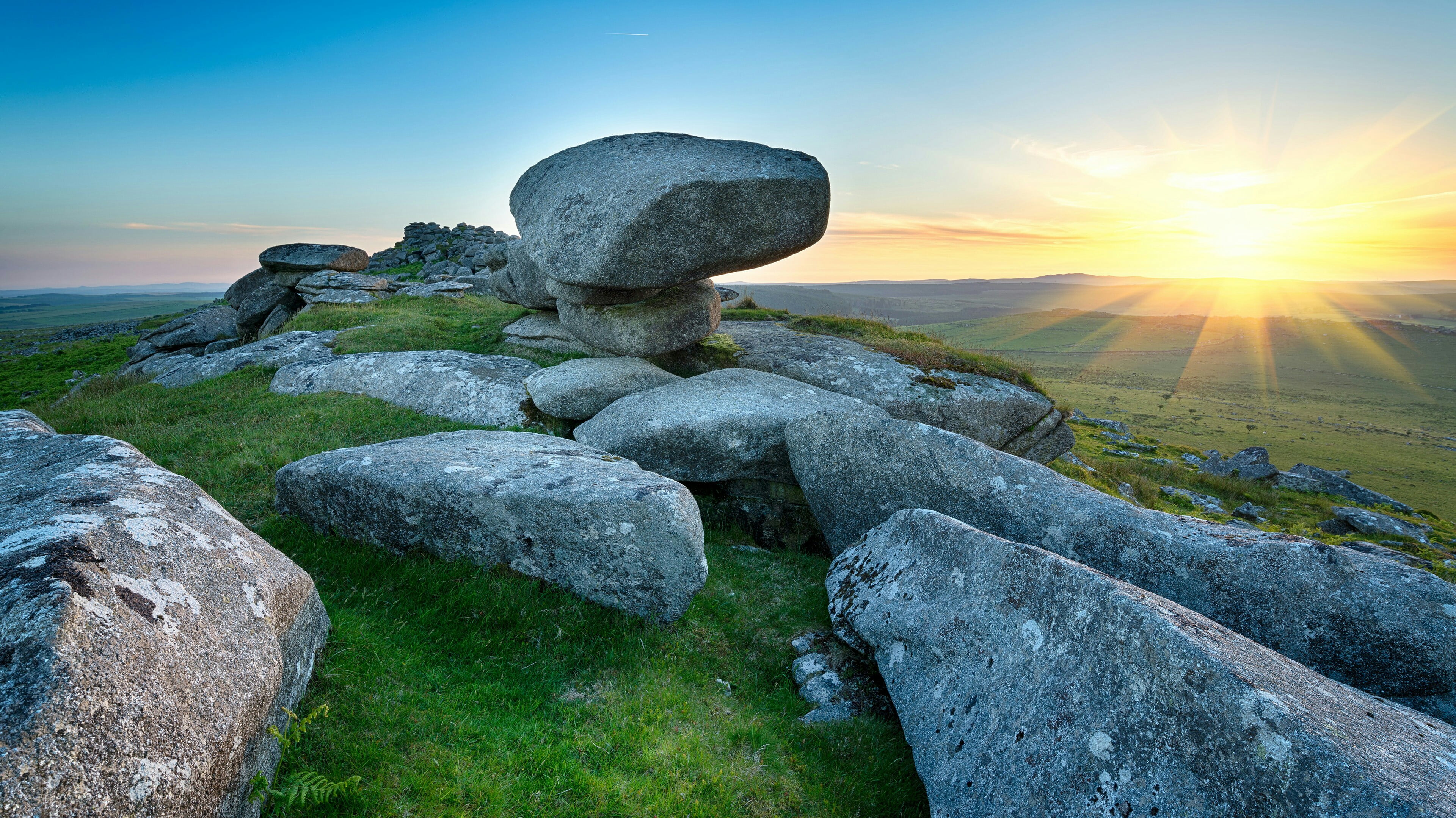 sun, no people, boulder, lens flare, tranquil scene, landscape, stack, bedrock, nature, hill, bodmin moor, balance, sky, united kingdom, kilmar tor, outdoors, HD Wallpaper