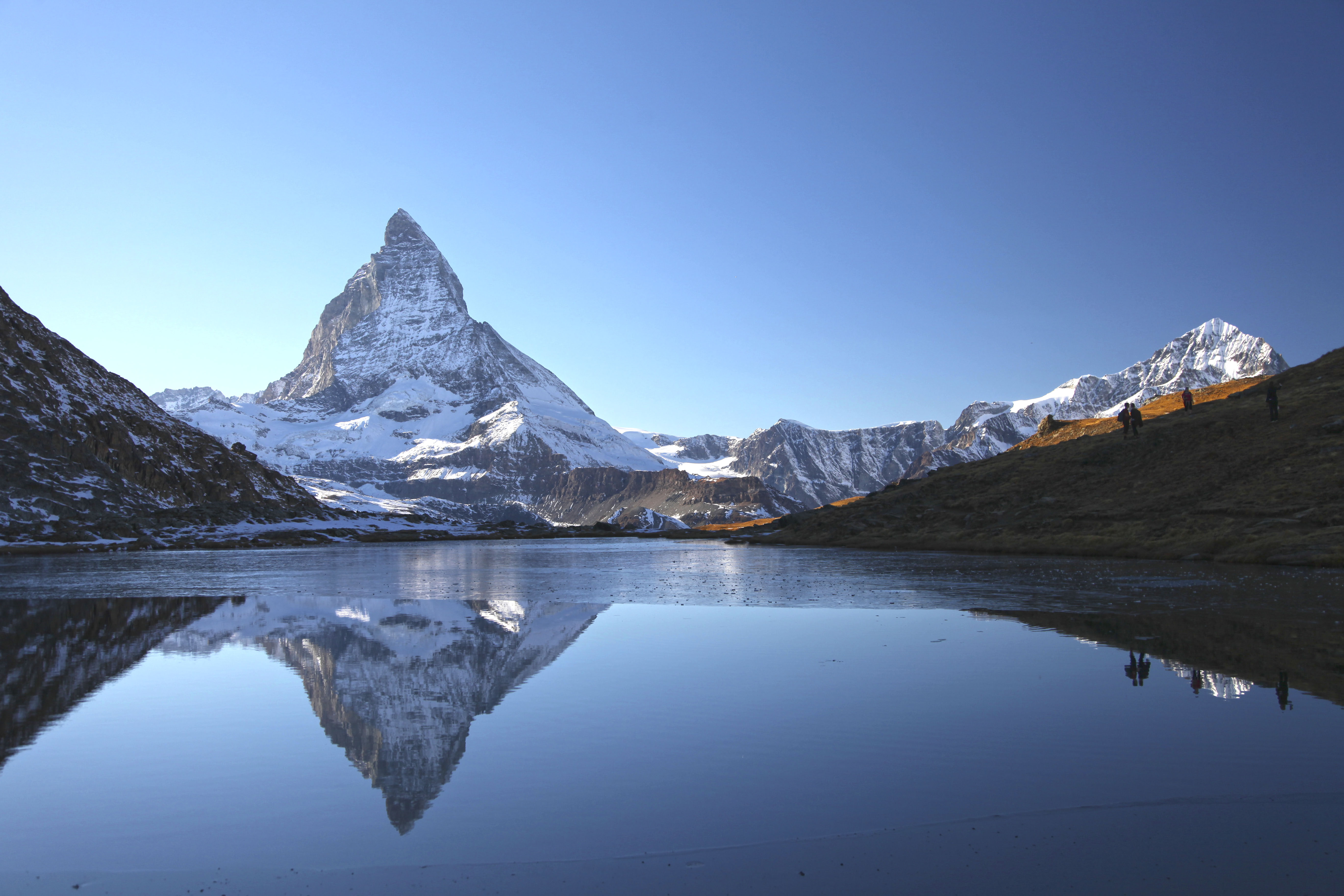 water, mountains, peaceful, 5K, snow, clear sky, HD Wallpaper