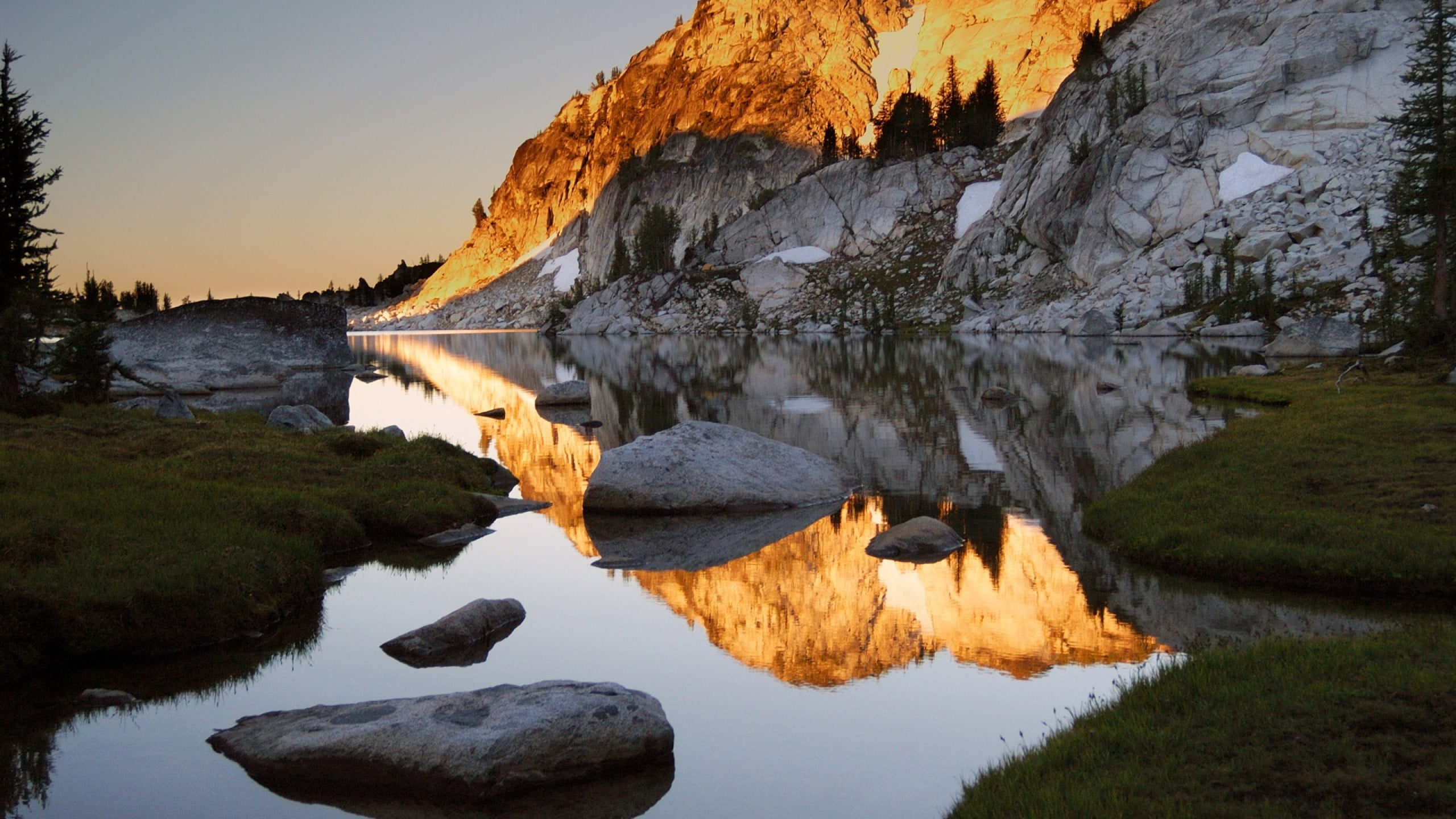 calm waters, geology, rock - object, beside, solid, reflection, beauty in nature, mountain, tranquil scene, sky, non-urban scene, sunlight, 2K, outdoors, HD Wallpaper