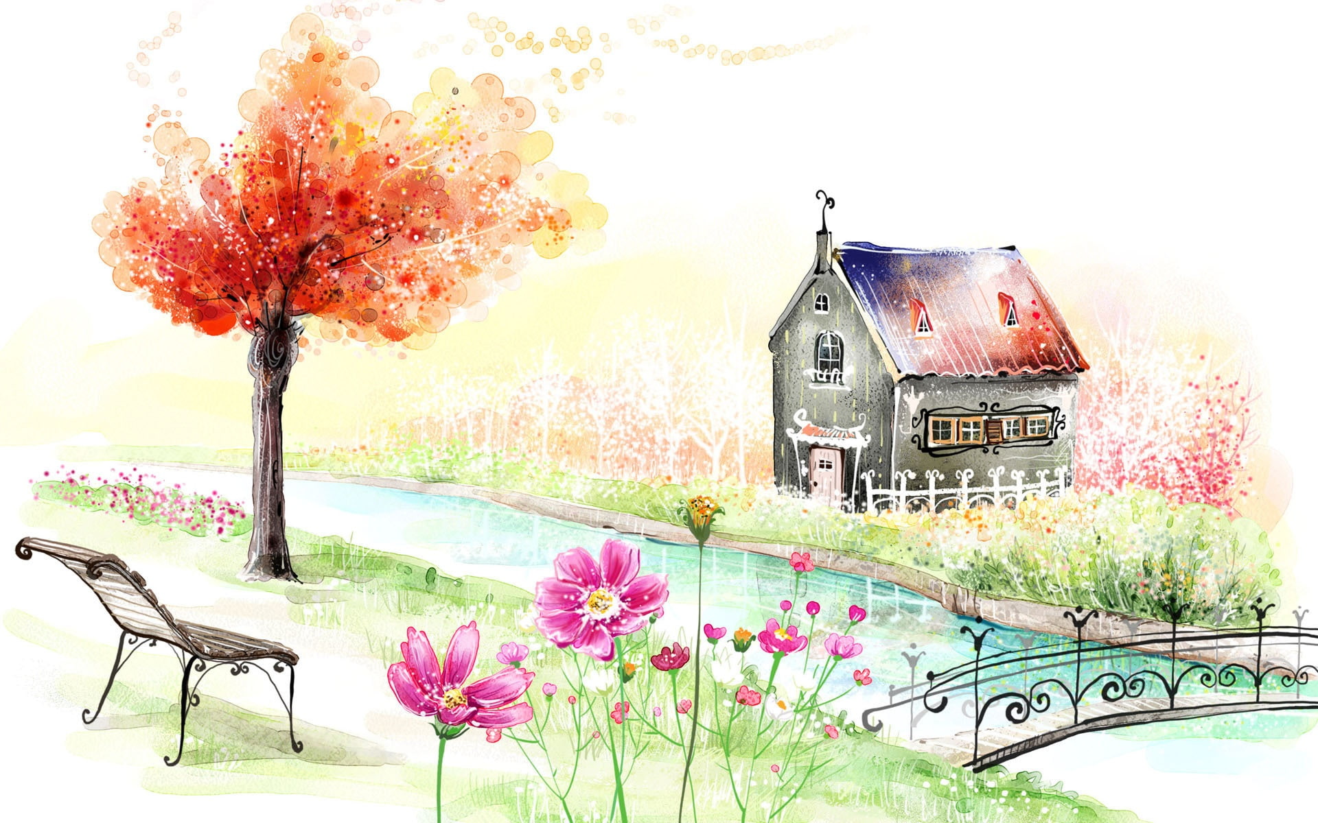 1080P, Beautiful, Spring, Garden, House, Painting, HD Wallpaper