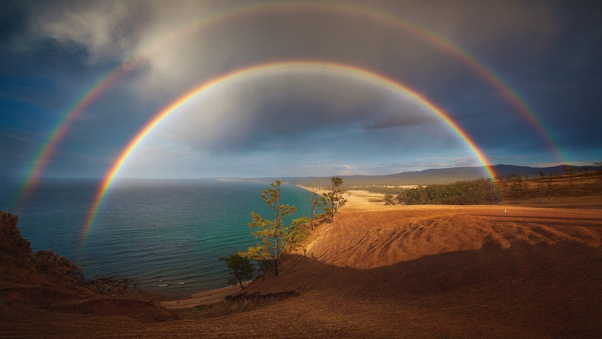 Russia, rainbows, 500px, trees, nature, landscape, Lake Baikal, 1080P, clouds, Pavel Minaev, sand, lake, HD Wallpaper
