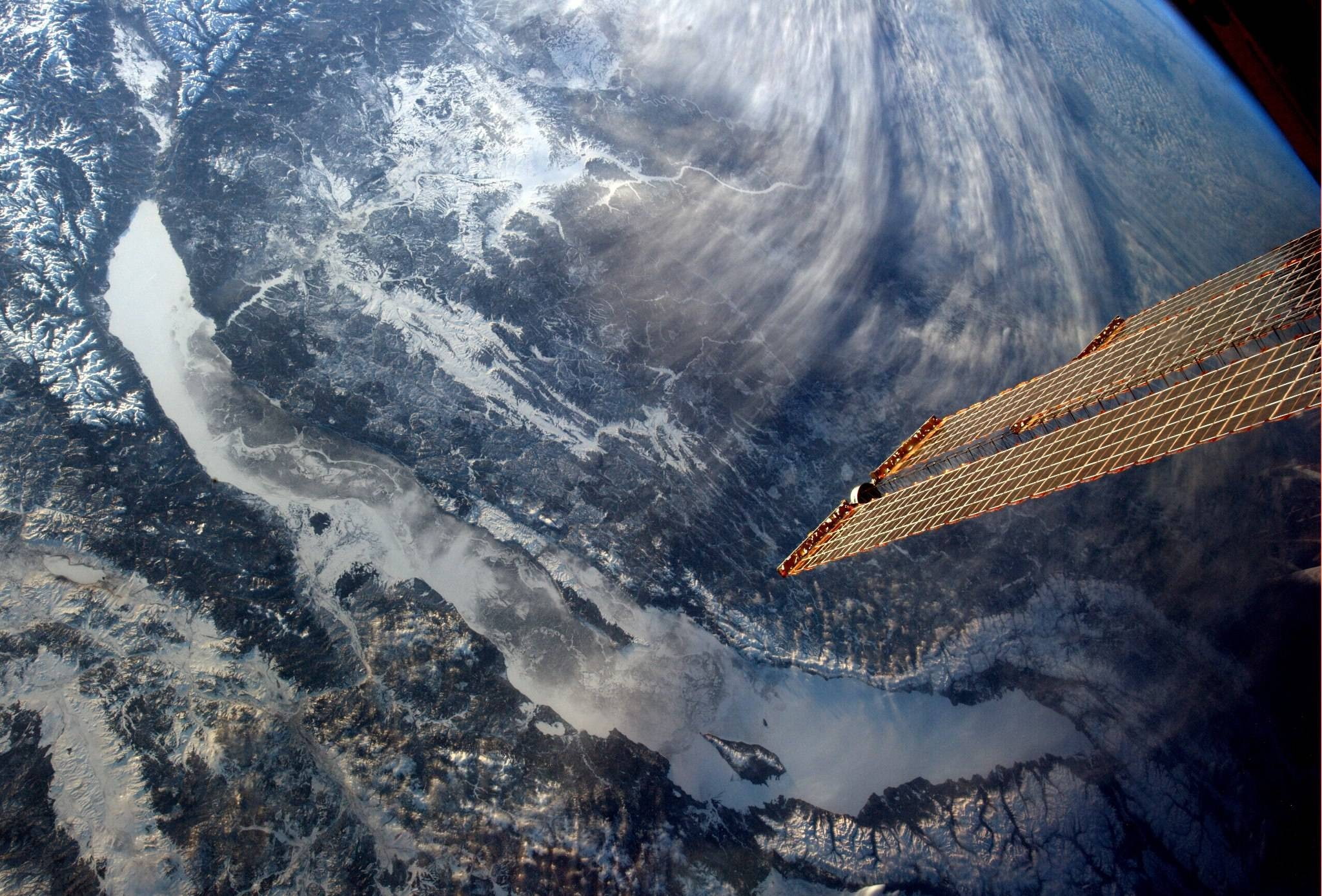 planet, lake, satellite, baikal, 1080P, Lake Baikal, space, Russia, snow, orbital view, HD Wallpaper