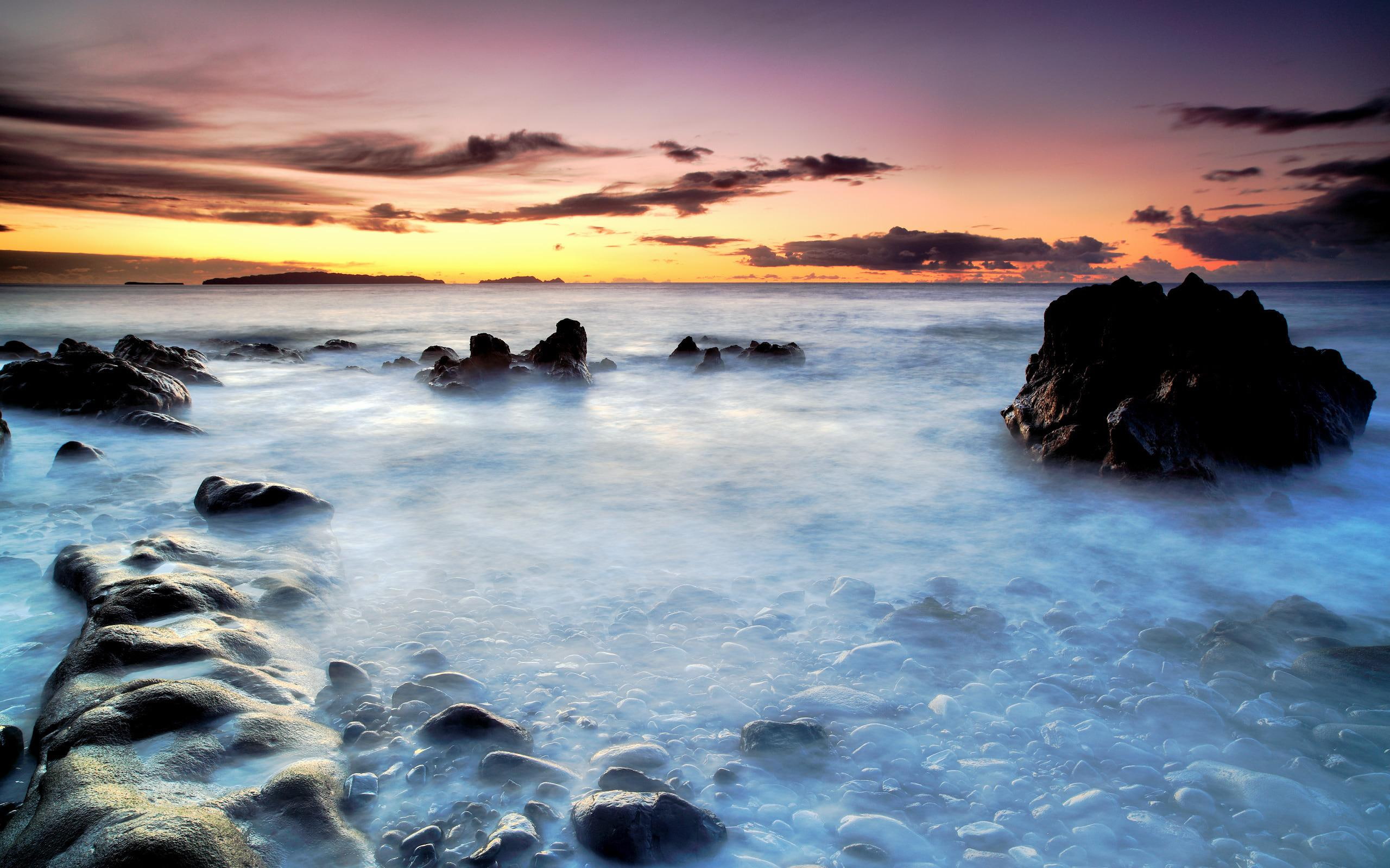 sea, sunset, hazy, water, ocean, 2K, nature and landscapes, morning, early, HD Wallpaper