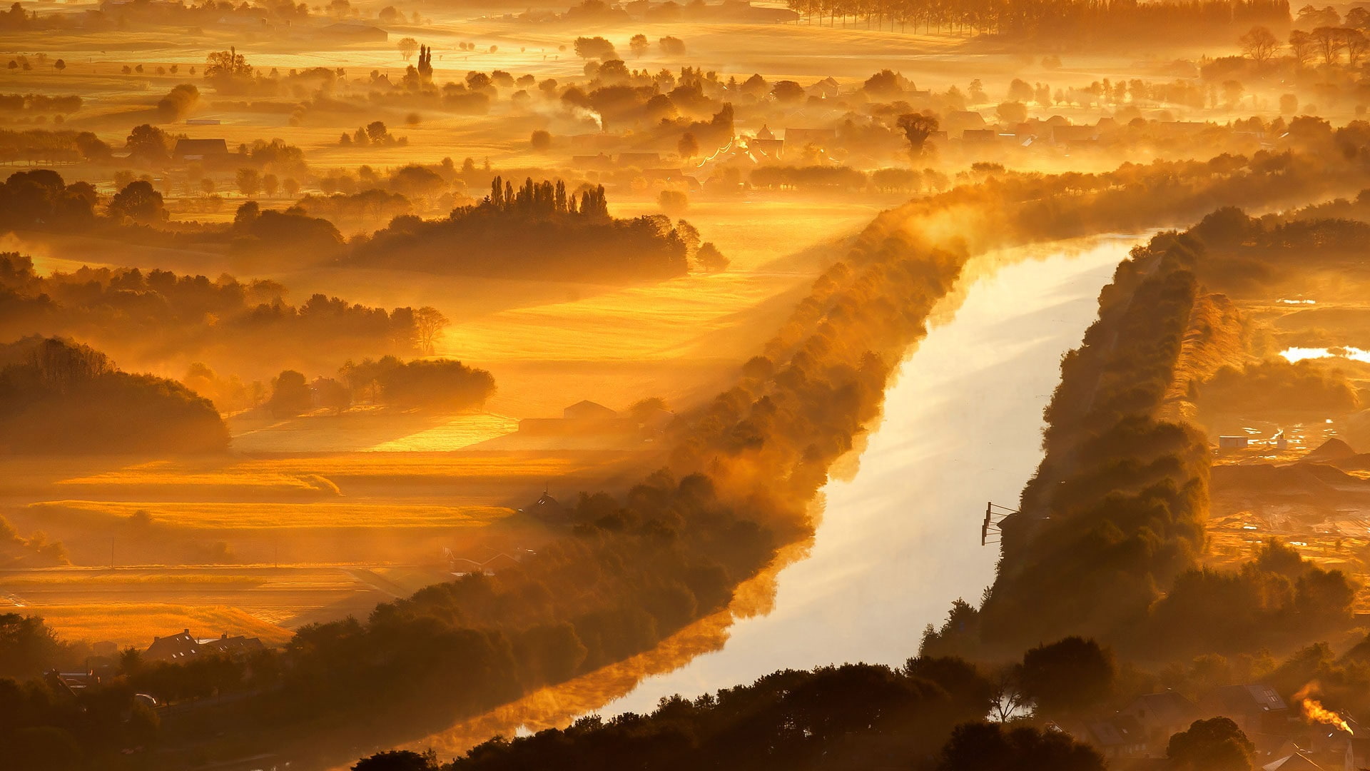 Valley, River, Trees, Yser, Belgium, Morning, Rays, Fog, 1080P, Sun, HD Wallpaper