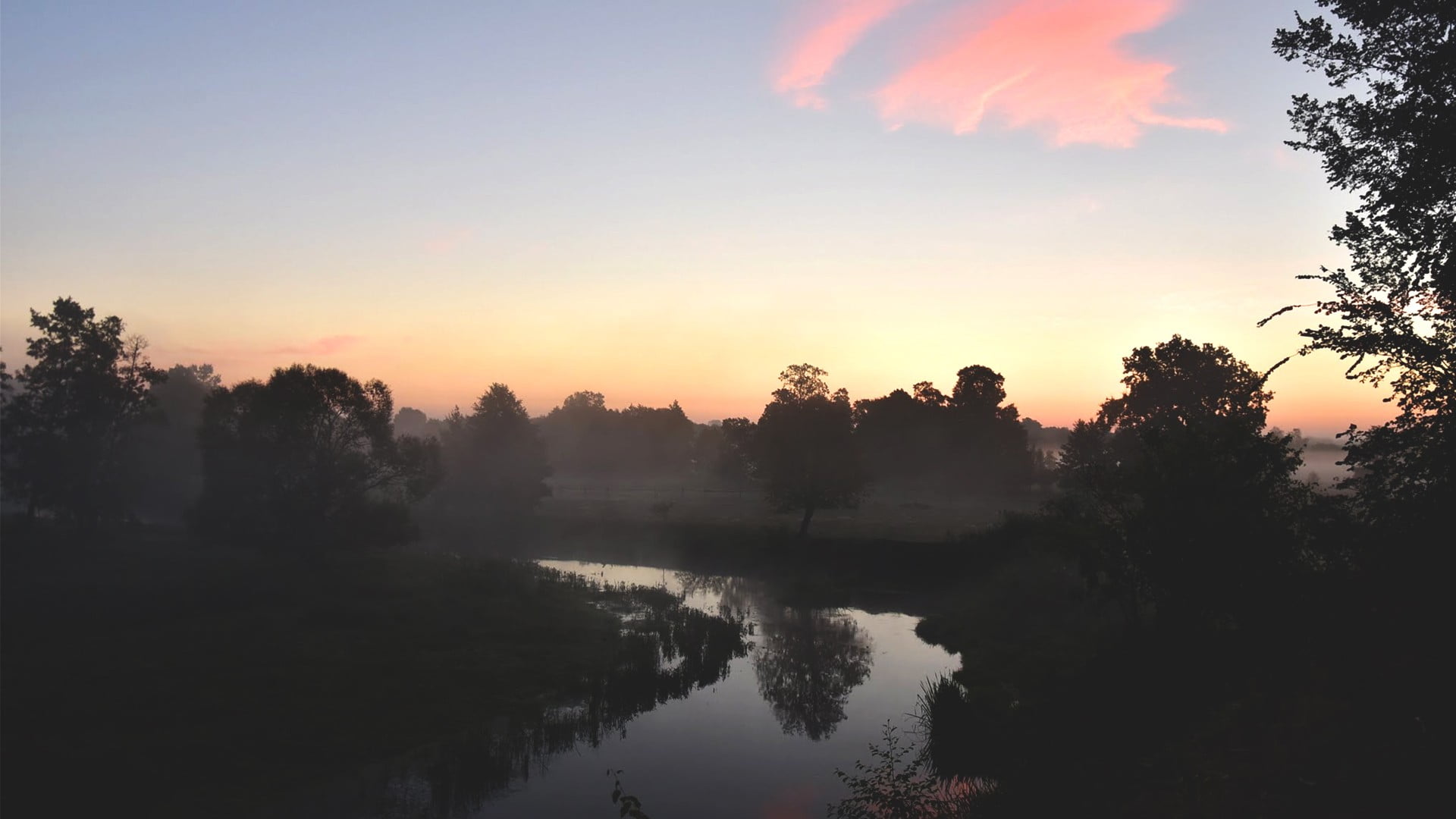 hazy, tree, non-urban scene, landscape, scenics - nature, tranquility, lake, reflection, Justyna Ferska, morning, cloud - sky, nature, 1080P, sky, beauty in nature, HD Wallpaper