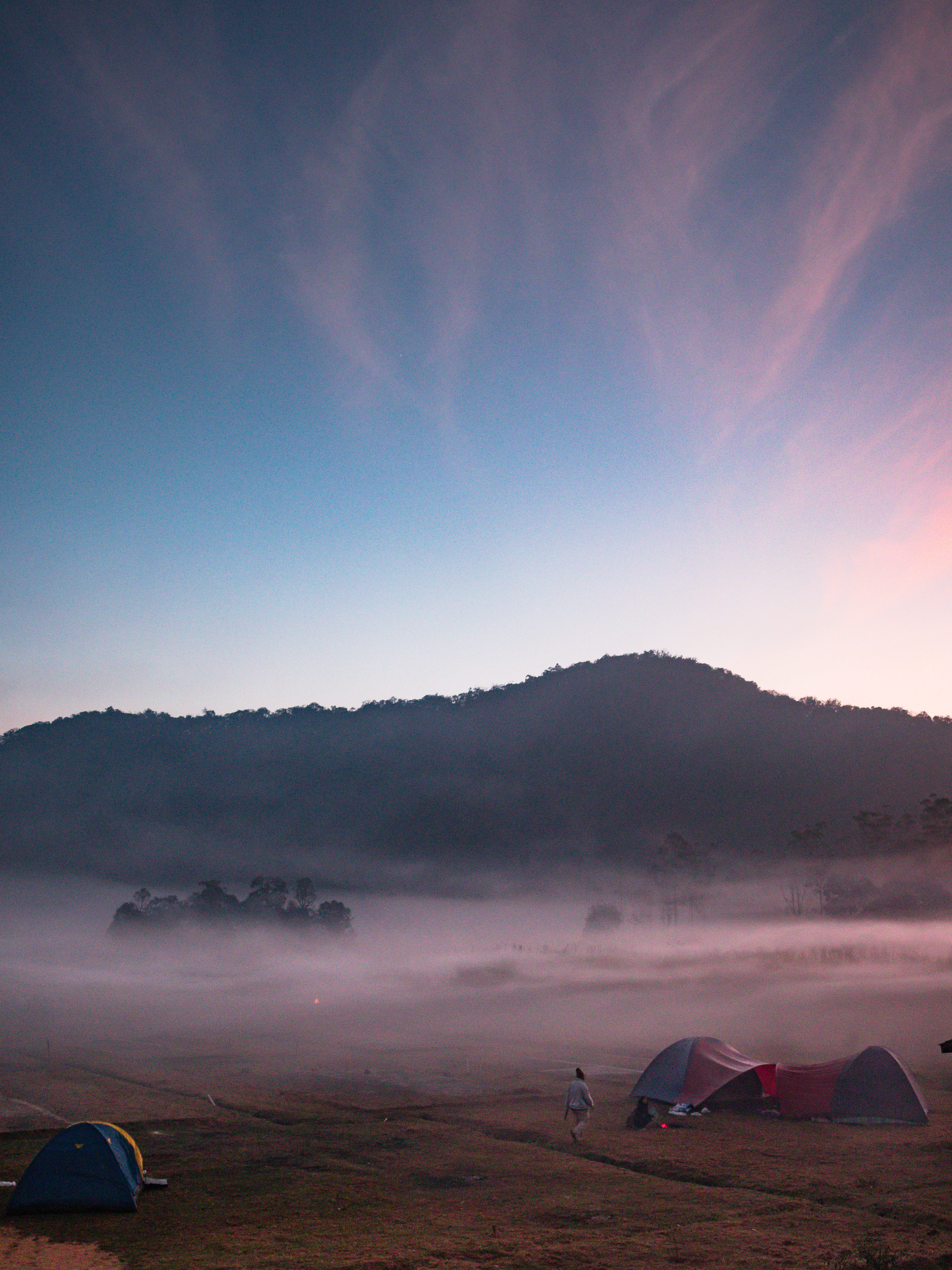 sunset, land, tranquility, non-urban scene, landscape, adventure, cloud - sky, beauty in nature, camp, tent, field, tree, day, 5K, remote, scenics - nature, Phone HD Wallpaper