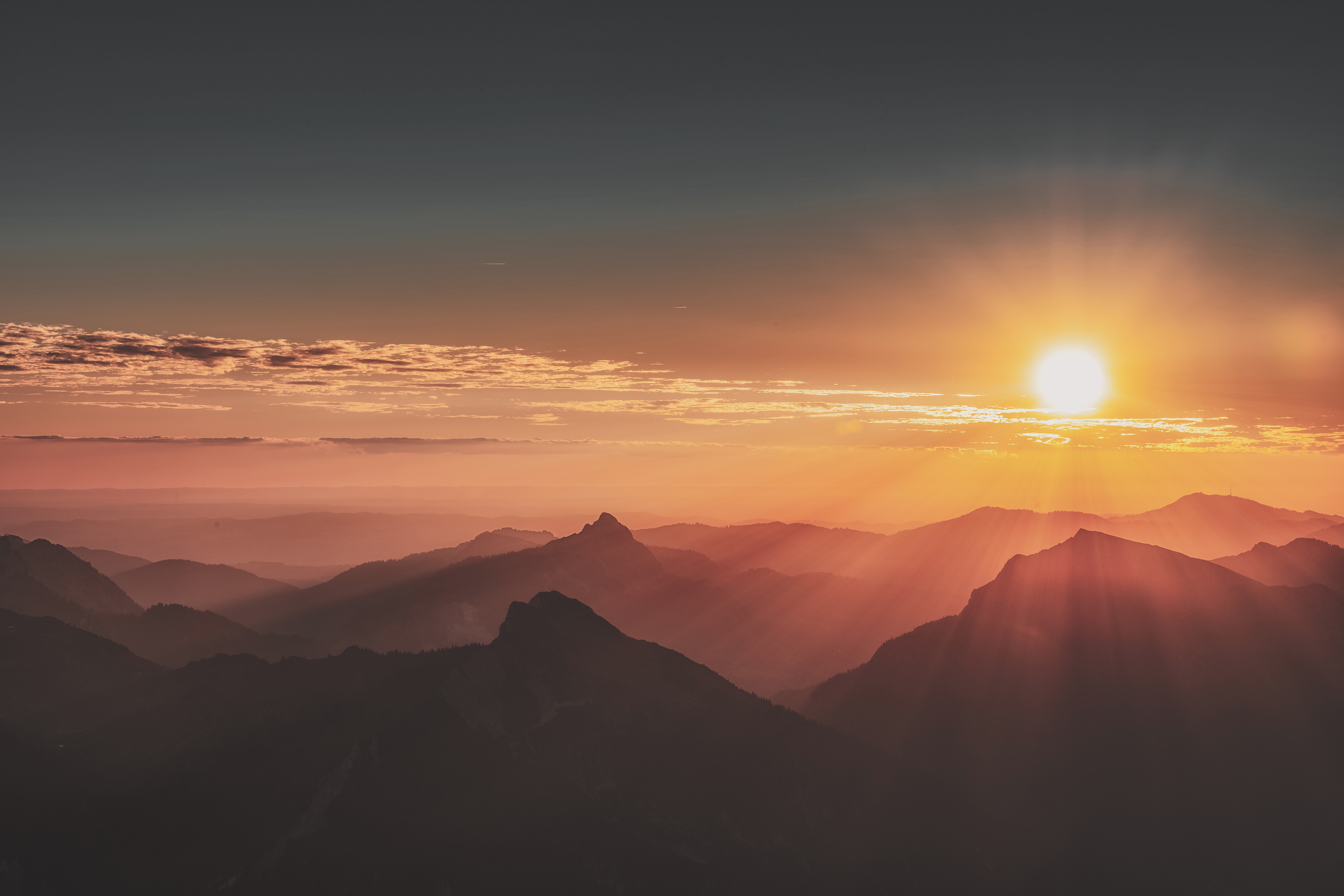 mountain, majestic, no people, sky, sun, lens flare, landscape, 5k, sunbeam, silhouette, mountains, outdoors, hd, sunlight, 4k, sunrise, idyllic, non-urban scene, HD Wallpaper