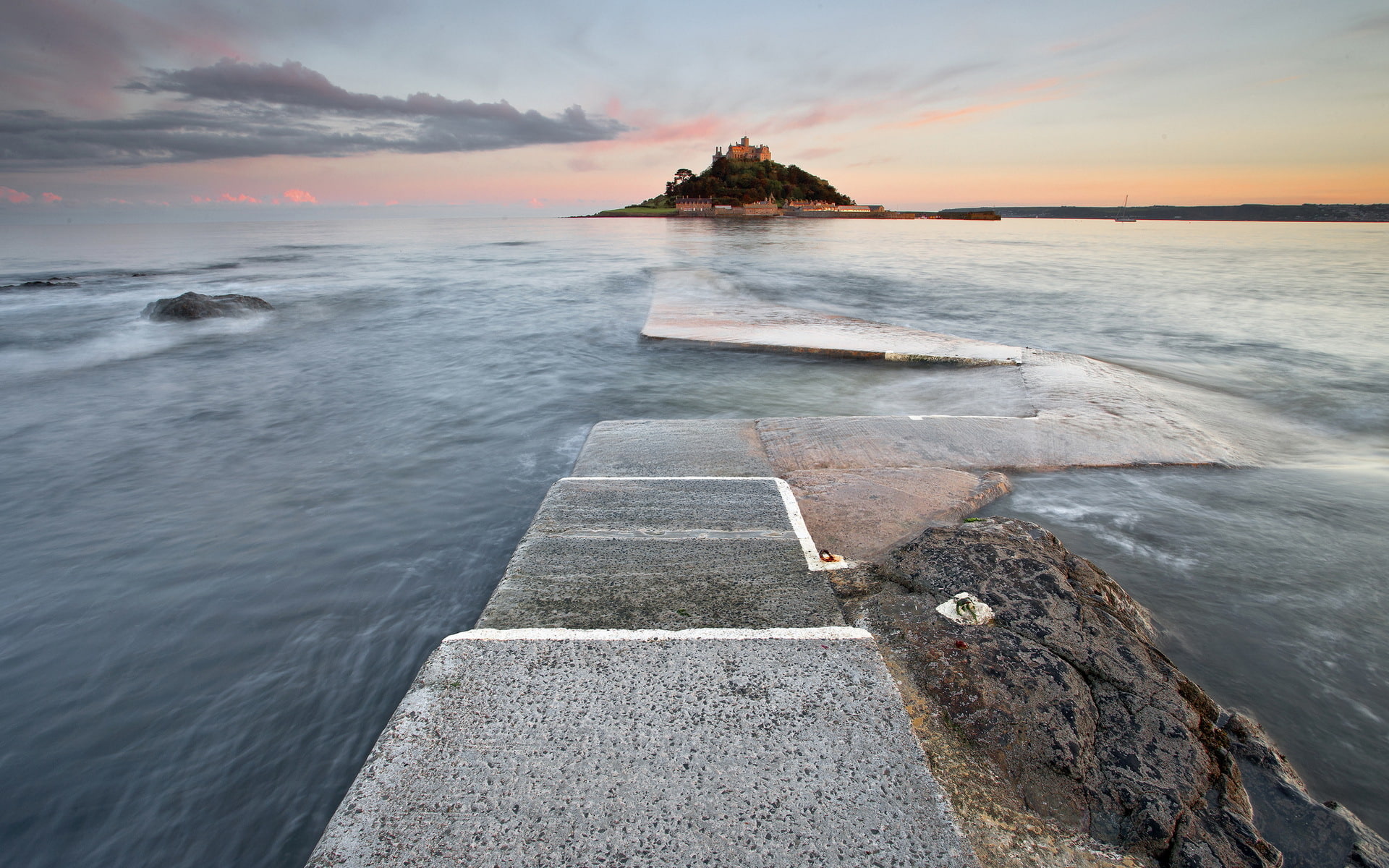 1080P, landscape, St.Michaels Moun, England, Marazion, lighthouse, sea, HD Wallpaper