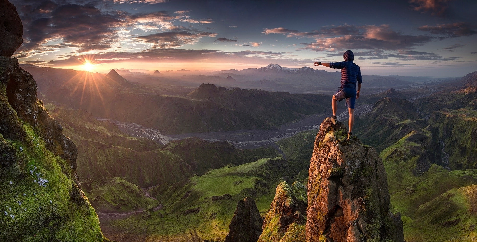 sky, river, sun, environment, sunset, scenics - nature, nature, grass, leisure activity, looking at view, sunlight, freedom, clouds, Iceland, standing, HD Wallpaper