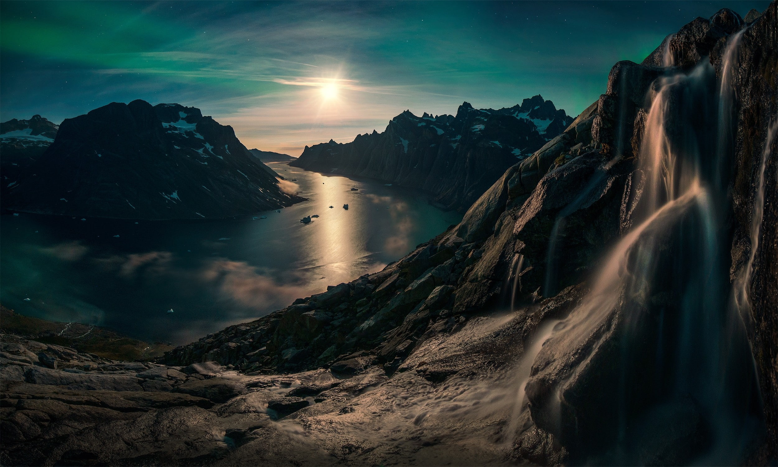 long exposure, moonlight, Greenland, 1080P, nature, landscape, clouds, mountains, fjord, waterfall, photography, Max Rive, snow, aurorae, reflection, starry, HD Wallpaper