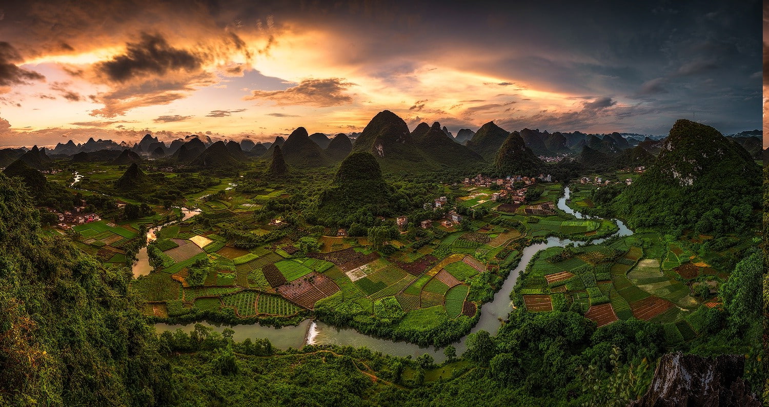 nature, sunset, architecture, tranquility, mountain, outdoors, building, land, no people, landscape, field, 720P, sky, farm, river, cloud - sky, rural scene, HD Wallpaper