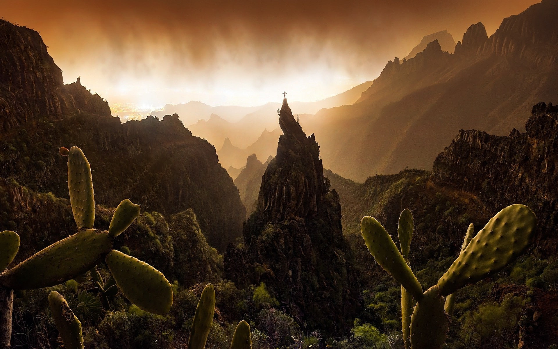 panoramic, tree, nature landscape mountain sunset mist spain shrubs rock climbing max rive, sky, rock - object, solid, plant, travel destinations, beauty in nature, HD Wallpaper