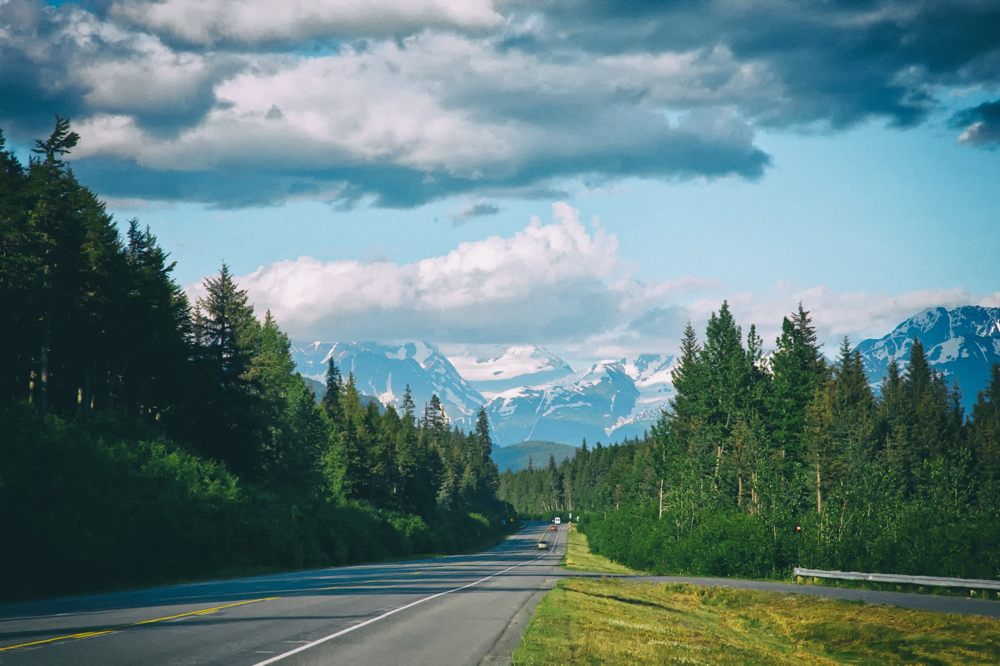 non-urban scene, direction, diminishing perspective, day, tranquil scene, landscape, the way forward, alaska, clouds, woods, forest, mountain range, sky, HD Wallpaper
