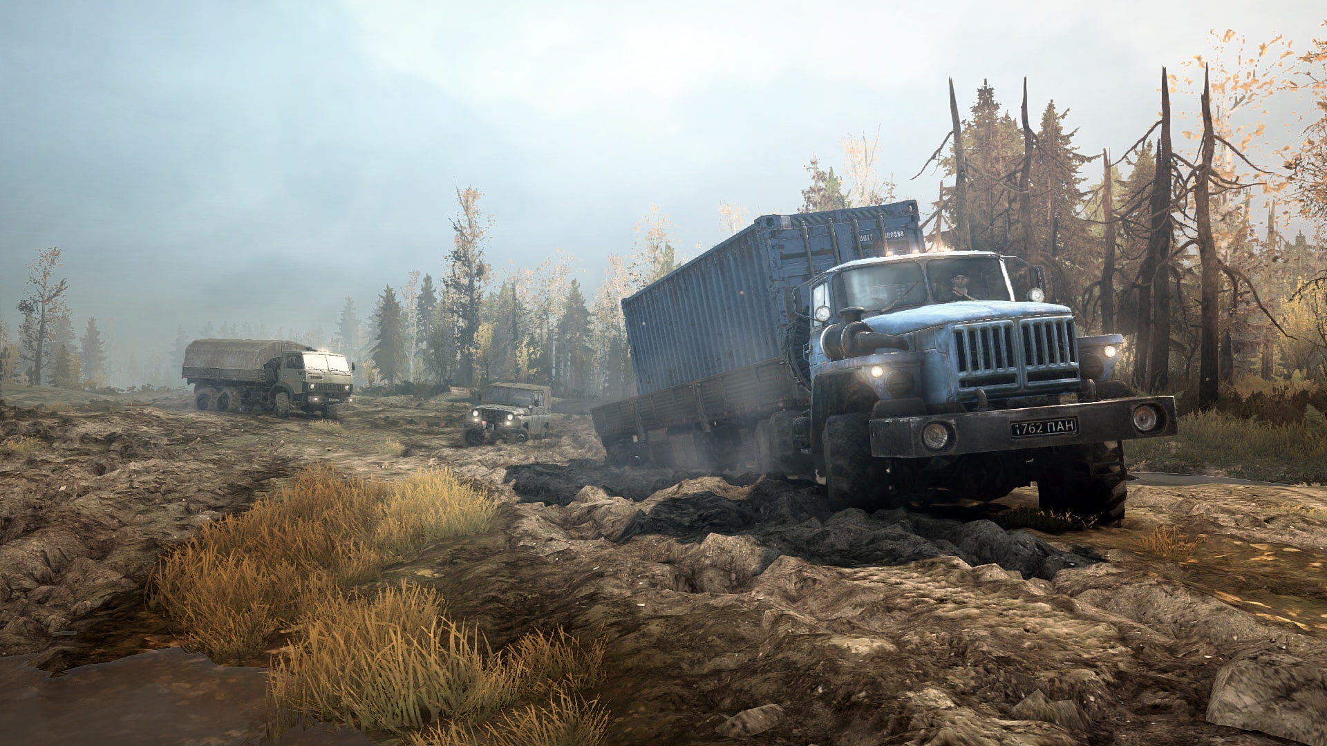 URAL, grass, trees, Spintires, MudRunner, 1080P, autumn, dirt, UAZ, KAMAZ, HD Wallpaper