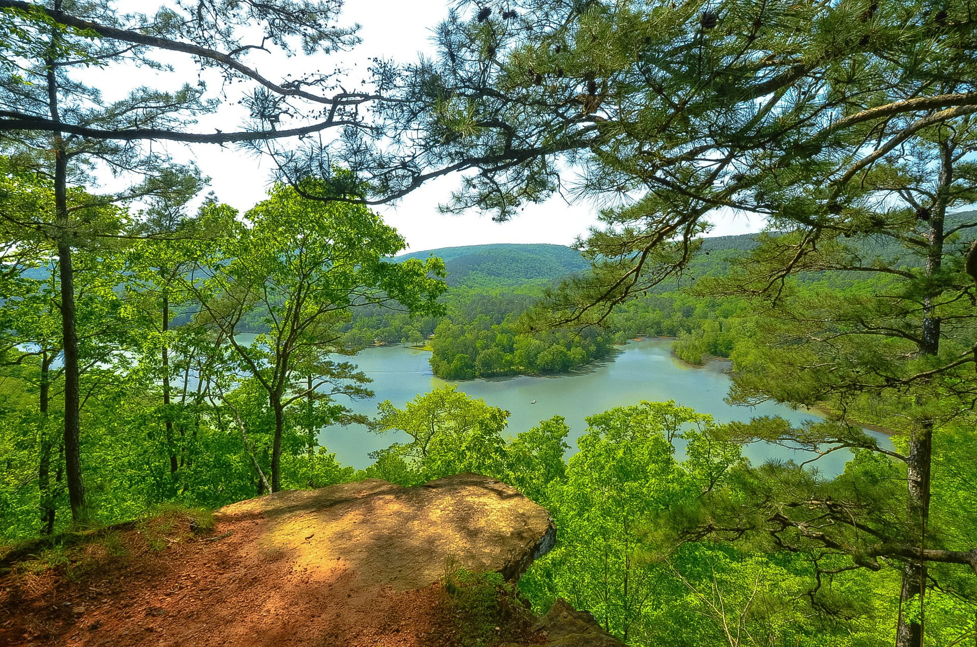 summer, USA, Lake, forest, Arkansas, trees, lot, sky, nature, mountains, 1080P, HD Wallpaper
