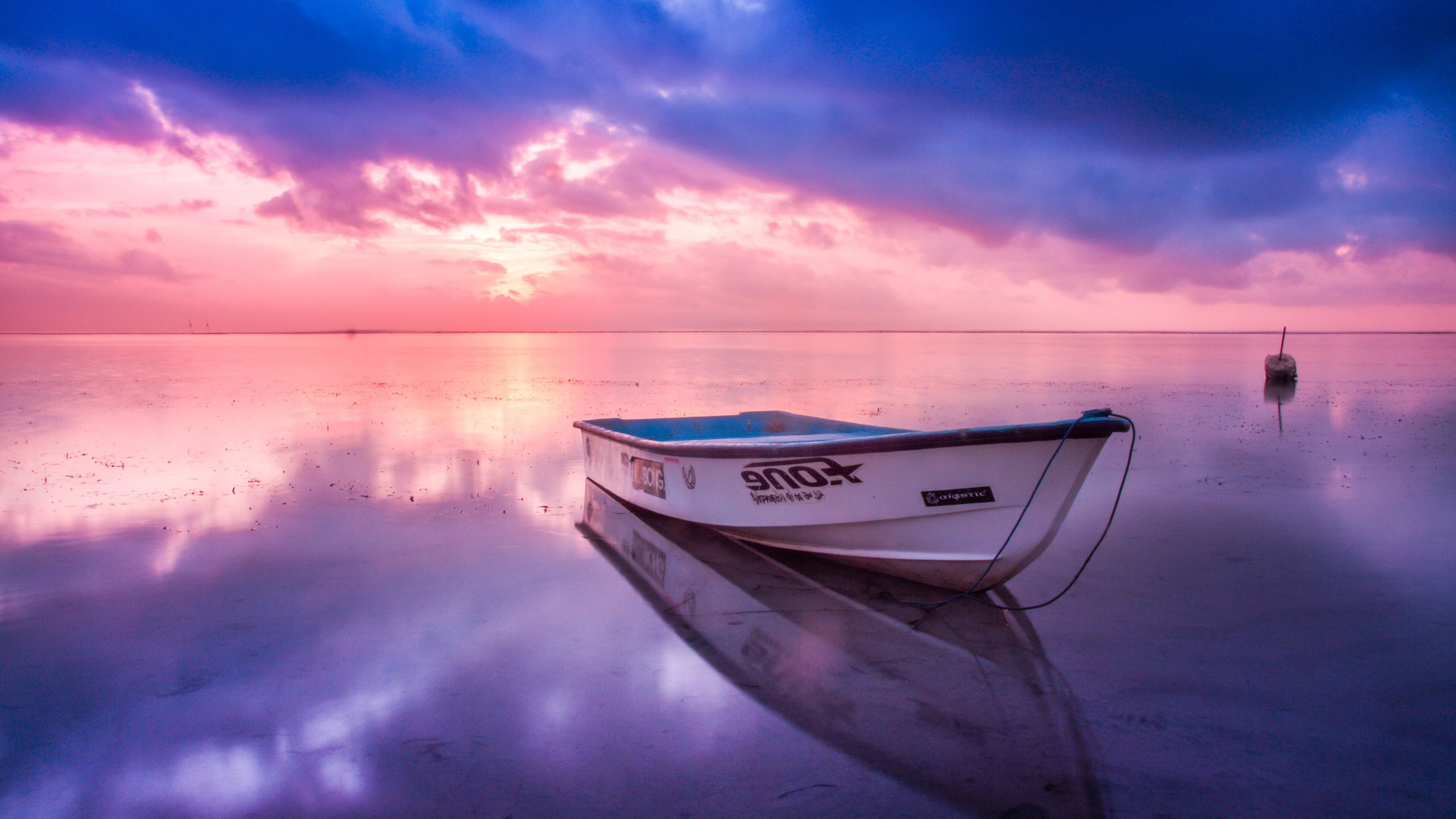 5K, reflected, calm, reflection, cloudy, relax, sunrise, rowing boat, purple, morning, pink sky, white boat, dawn, boat, HD Wallpaper