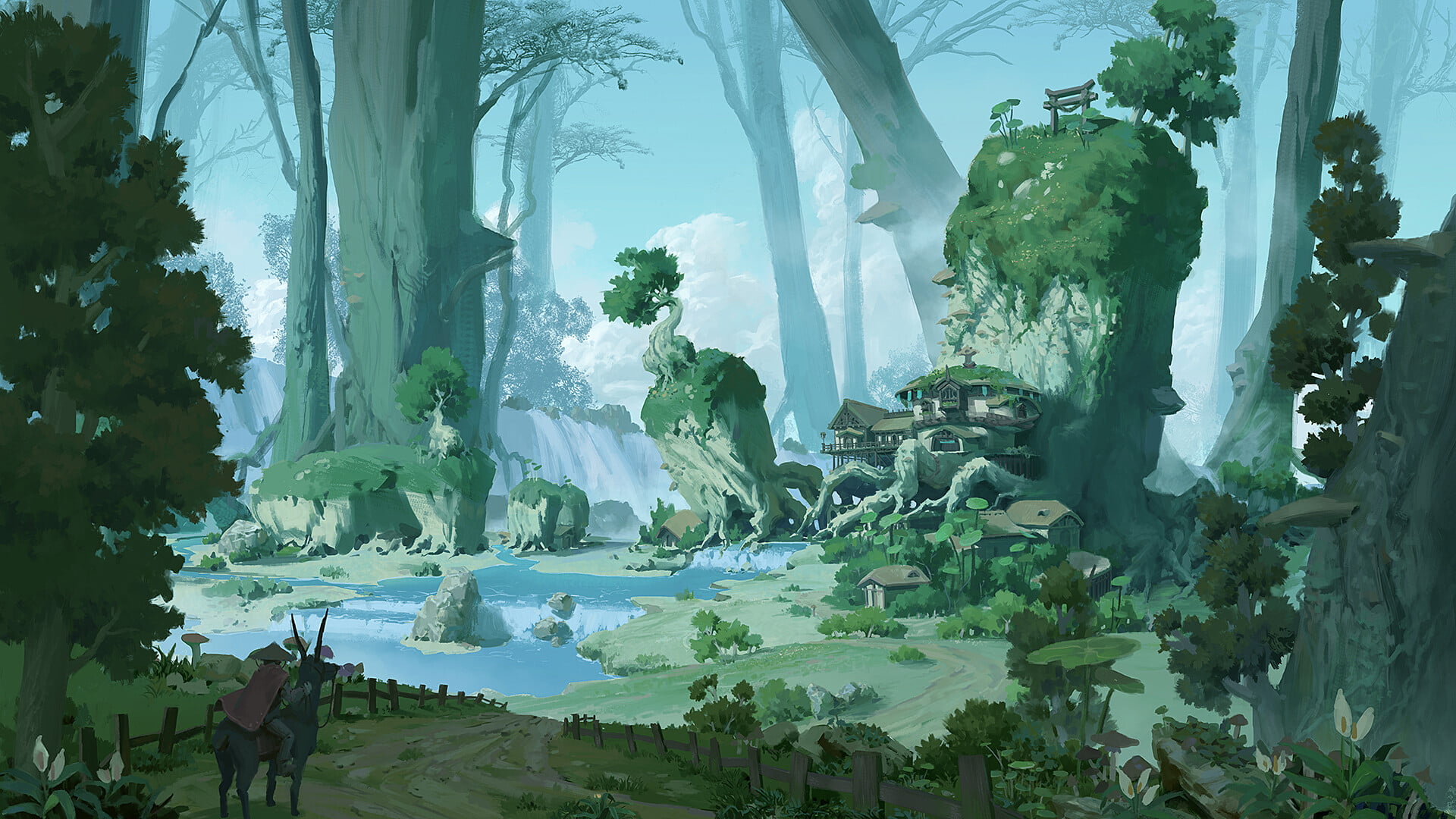 Pixel Cat, river, 1080P, digital art, mushroom, fence, fantasy art, forest, waterfall, village, HD Wallpaper