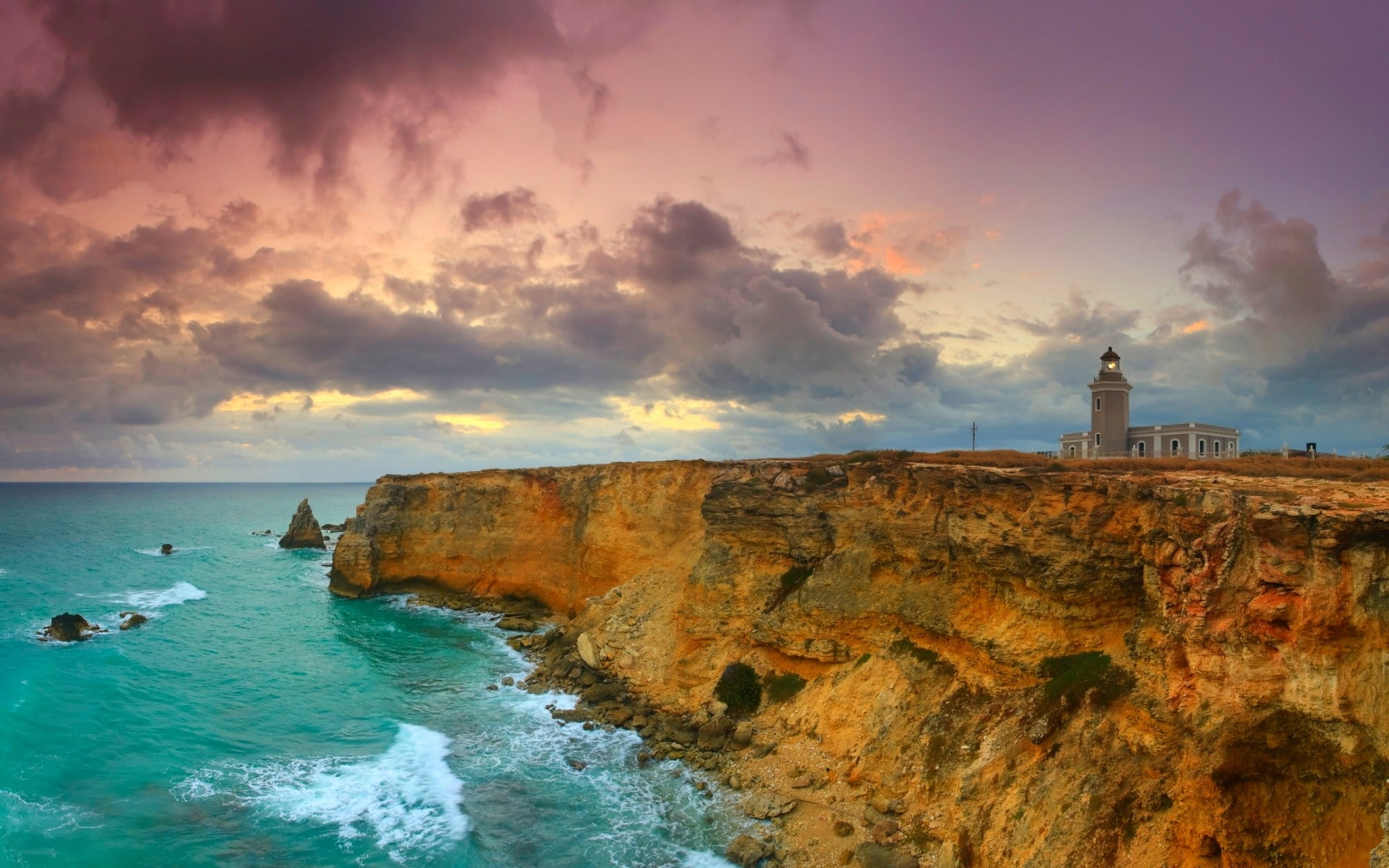 sunset, scenics - nature, clouds, Puerto Rico, horizon over water, tranquil scene, Caribbean, tranquility, lighthouse, 1080P, architecture, nature, sea, HD Wallpaper