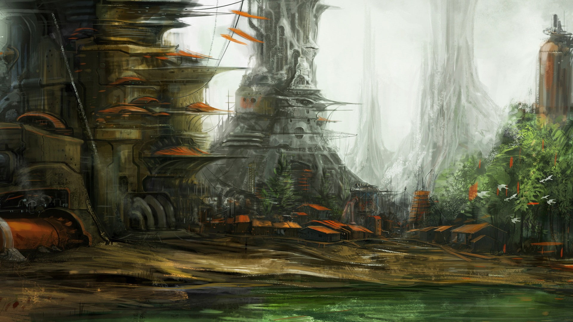 plant, tree, architecture, forest, outdoors, spaceship, blurred motion, flowing, waterfront, fantasy art, motion, built structure, water, concept art, 1080P, HD Wallpaper