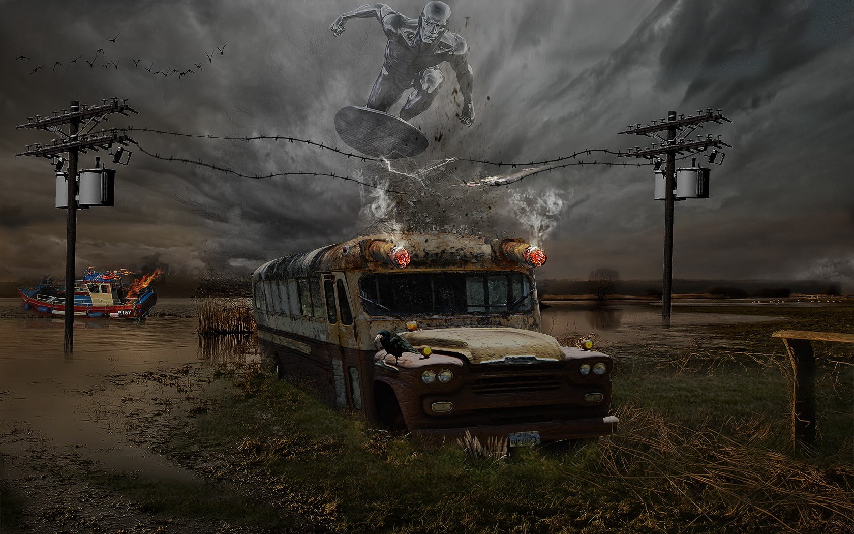 power in nature, Photoshop, nature, mode of transportation, land vehicle, no people, outdoors, overcast, tree, buses, sky, plant, swamp, pollution, environment, HD Wallpaper