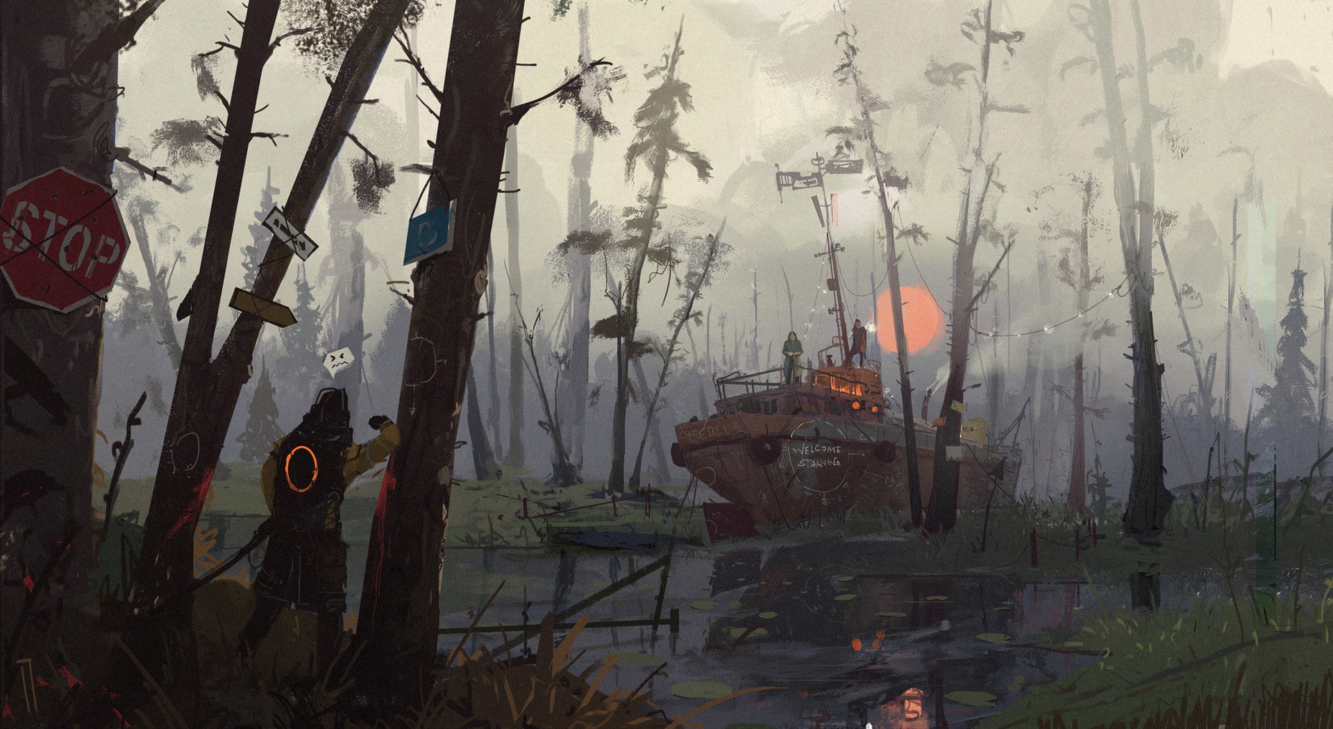 mist, environment, forest, boat, 1080P, signs, swamp, HD Wallpaper