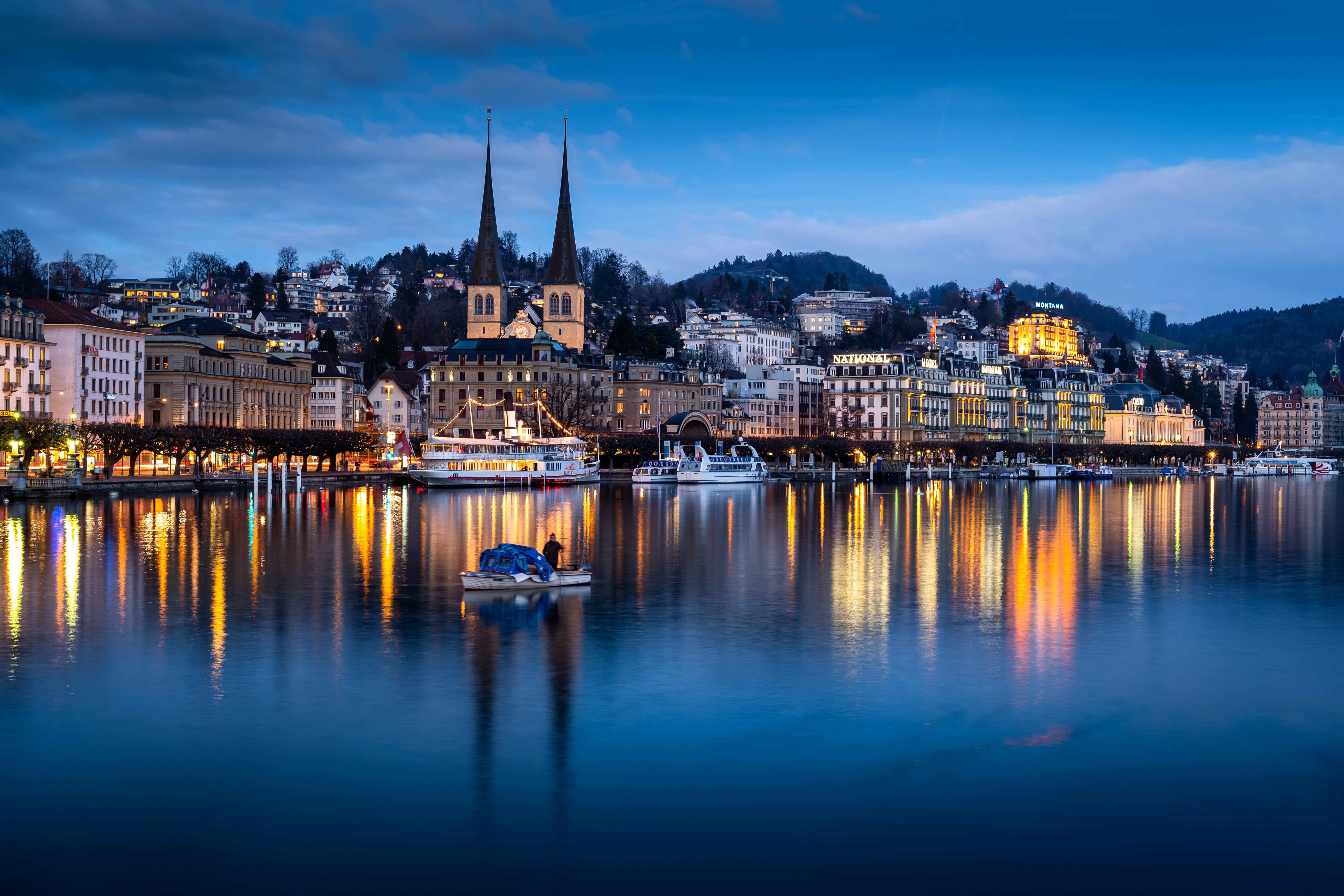 Church of St. Leodegar, Lake Lucerne, Switzerland, Lucerne, Church, The Church Of St. Leodegar, lake, boat, 5K, ships, lady, building, HD Wallpaper